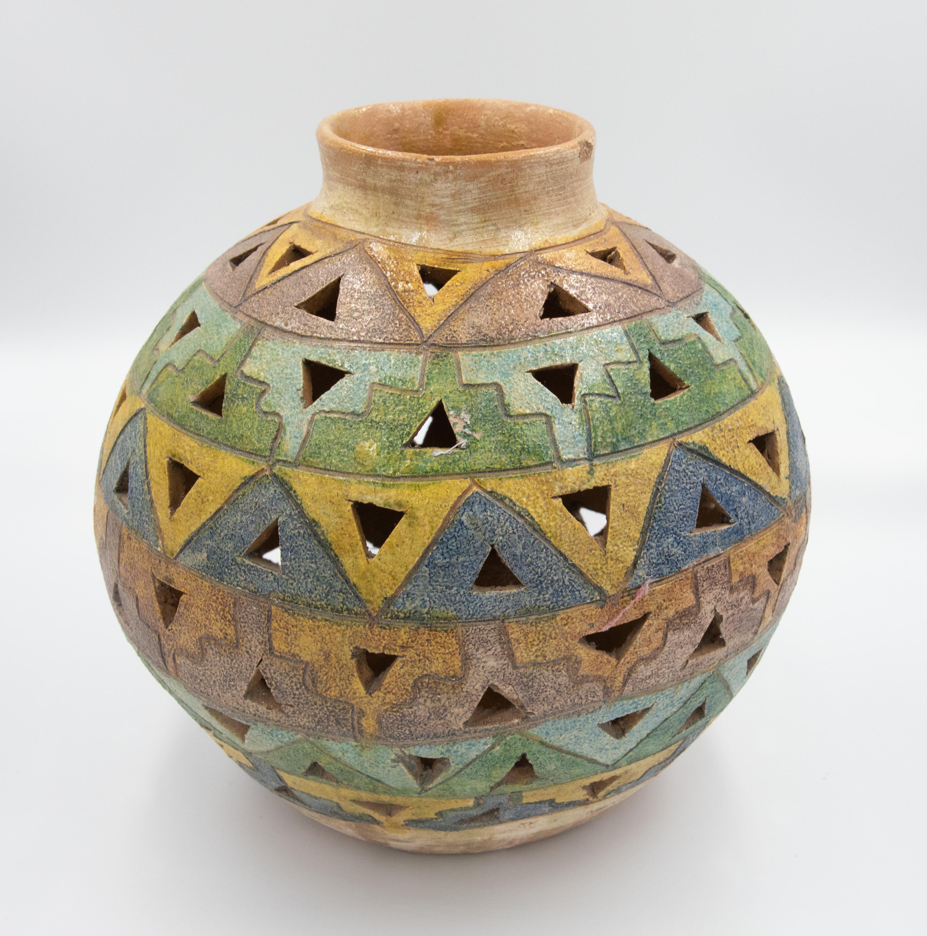 Folk Art Dolores Porras Mexican Antique Rustic Geometric Vase Clay Made in Oaxaca, 1998