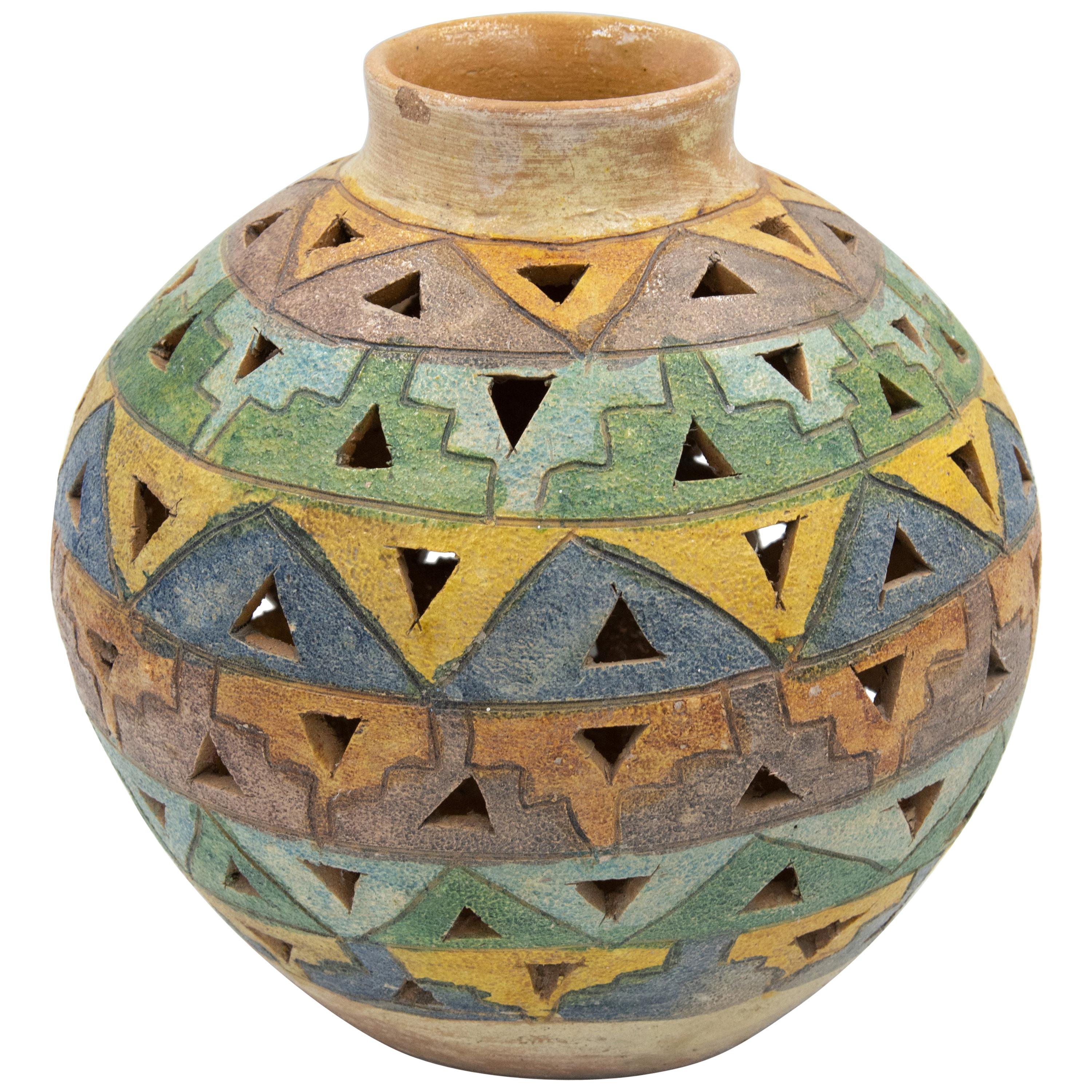 Dolores Porras Mexican Antique Rustic Geometric Vase Clay Made in Oaxaca, 1998
