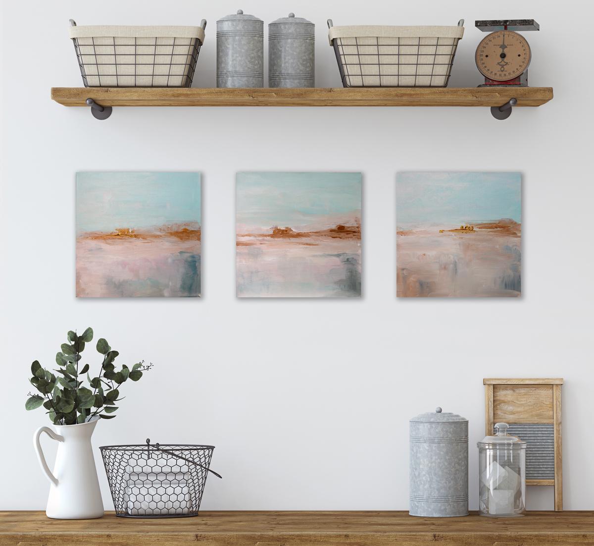 This small abstract painting by Dolores Tema features a warm copper and pink-toned palette with light teal blue and grey hues in the bottom right-hand corner. The piece follows an almost landscape composition, with a loose horizon line created by