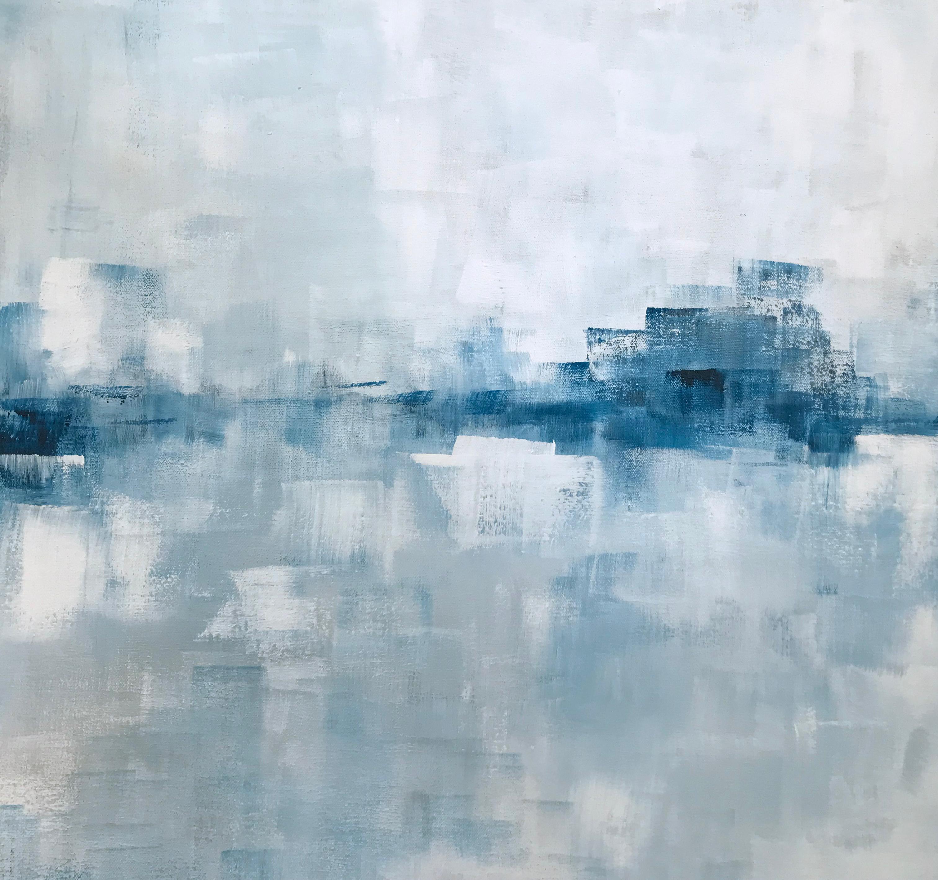This abstract painting by Dolores Tema features a cool metallic painting. The piece is composed of small strokes of layered blue, white, grey, and silver, with an imperfect line of blue creating a horizon line across the width of the piece. It is