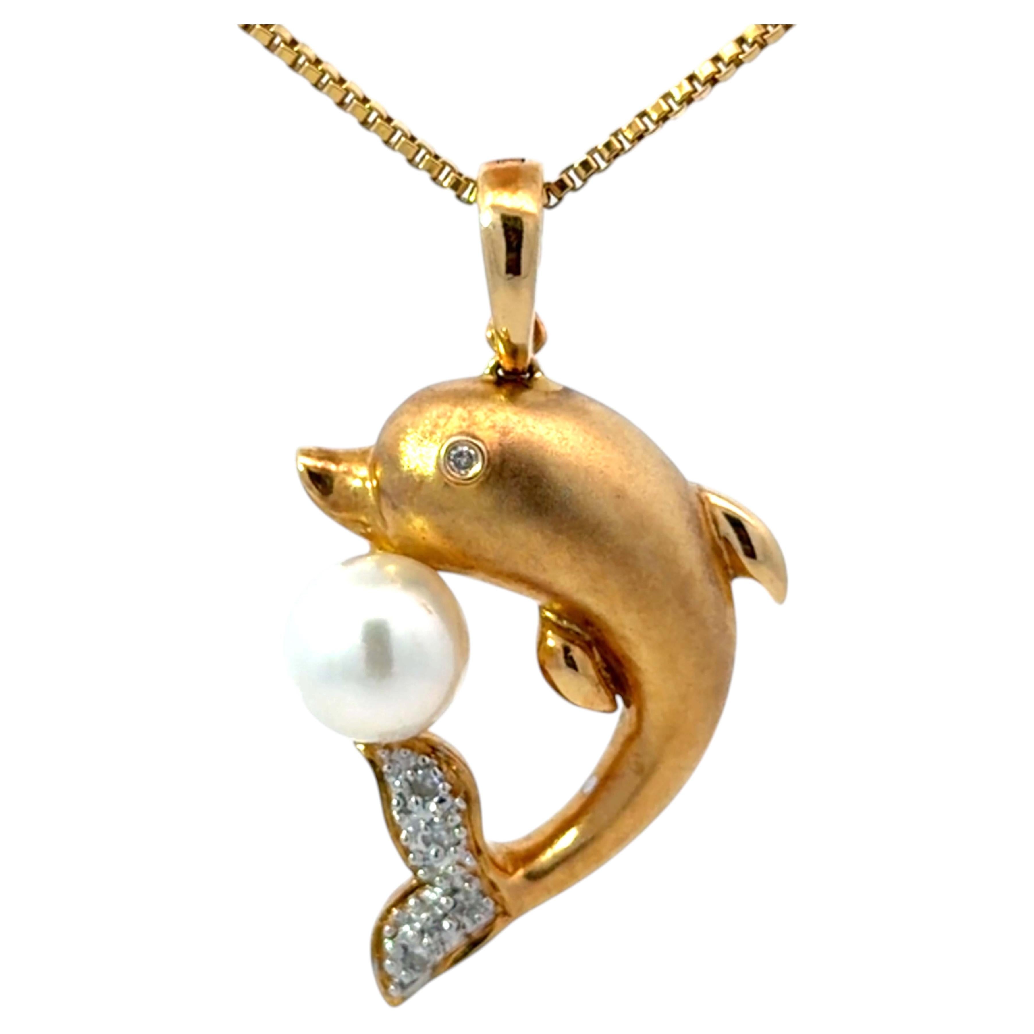 Dolphin Akoya Pearl Diamond Necklace 18K Yellow Gold For Sale