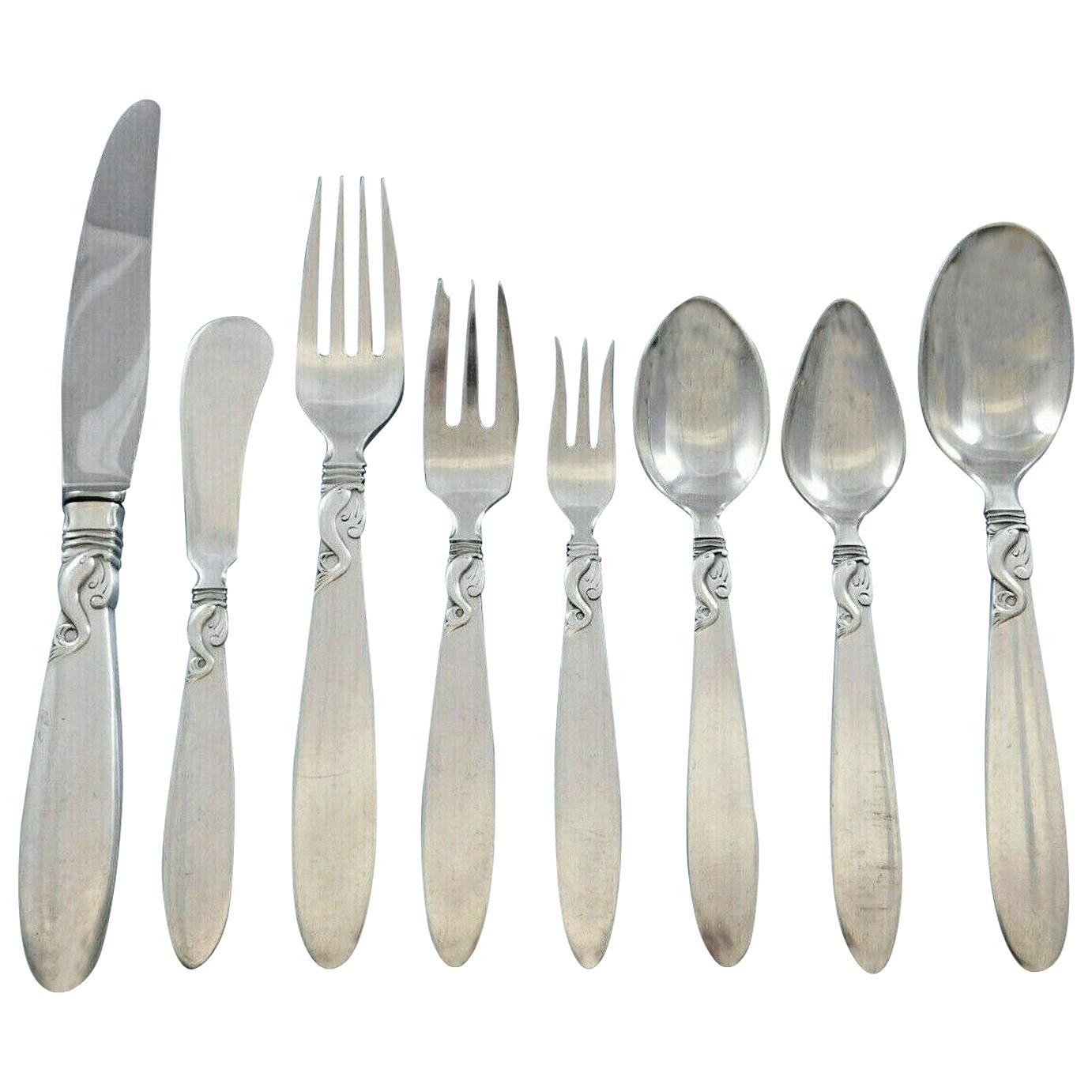 Dolphin by Frigast Denmark Sterling Silver Flatware Service 10 Set 85 Pieces For Sale