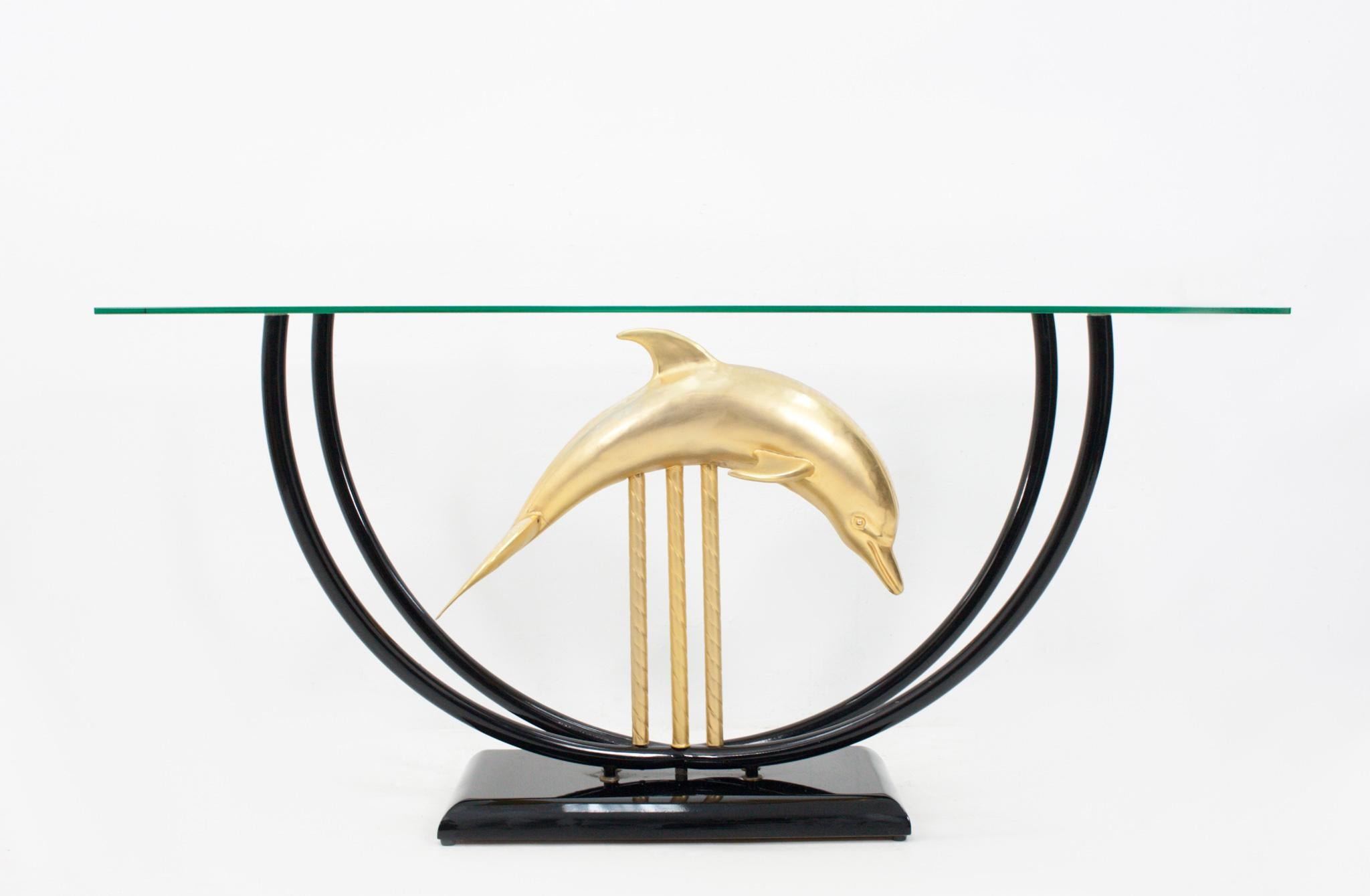 Brass Dolphin Console Table Hollywood Regency, 1970s