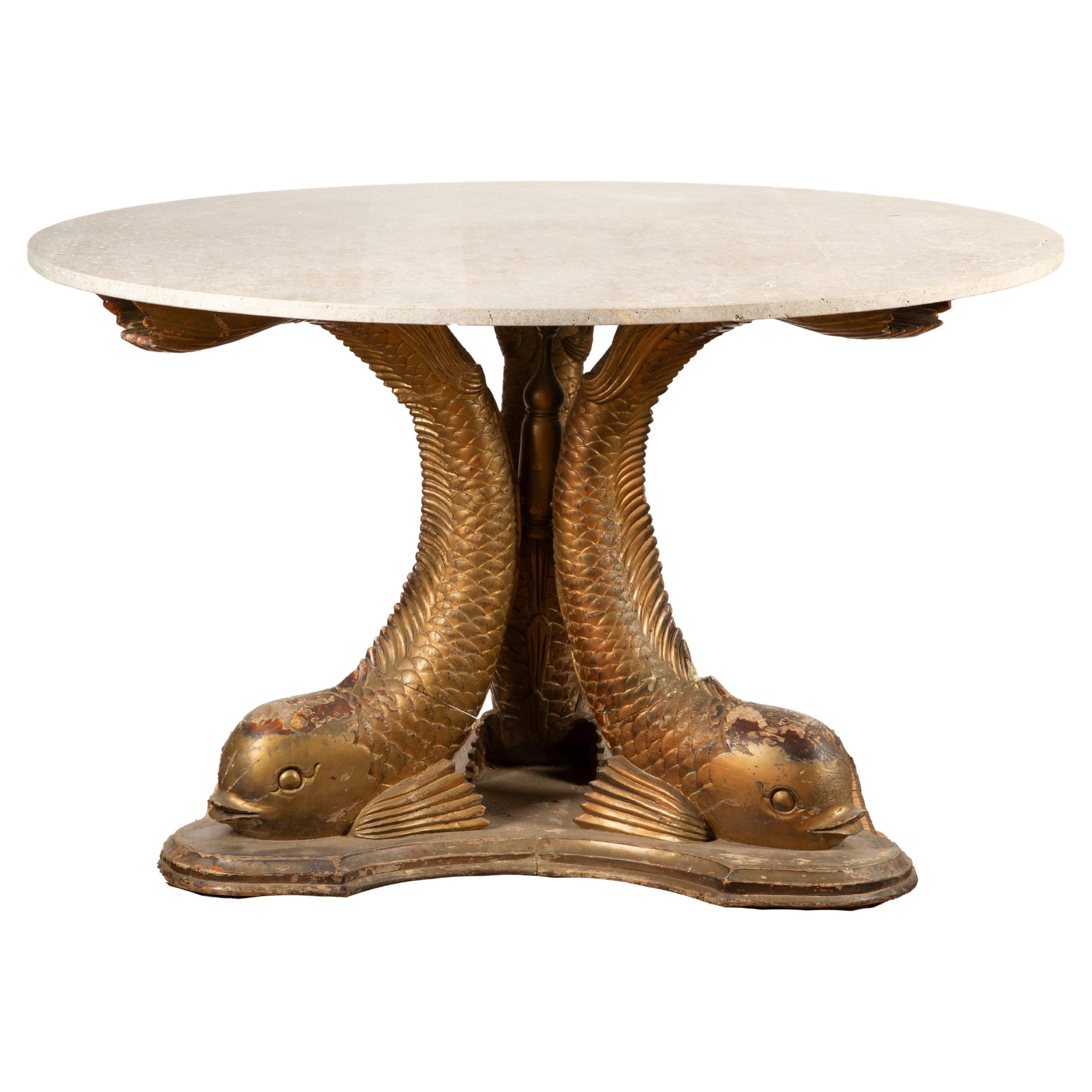 Dolphin Dance: 19th-Century Elegance in Carved Wood & Limestone For Sale