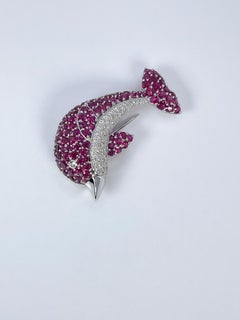 Dolphin Diamond Brooch 18KT White Gold Natural Rubies