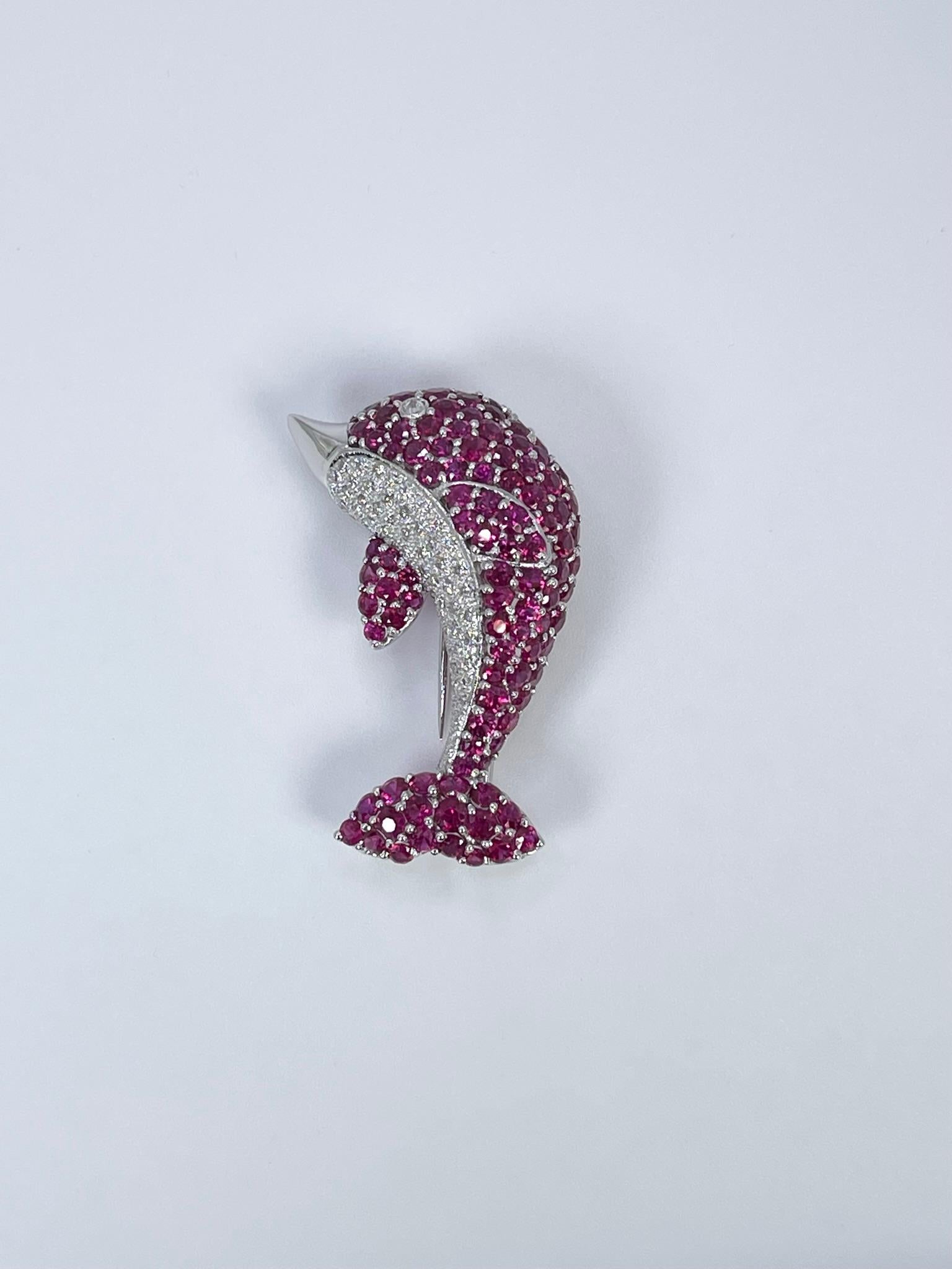 Modern Dolphin Diamond Brooch 18KT White Gold Natural Rubies For Sale