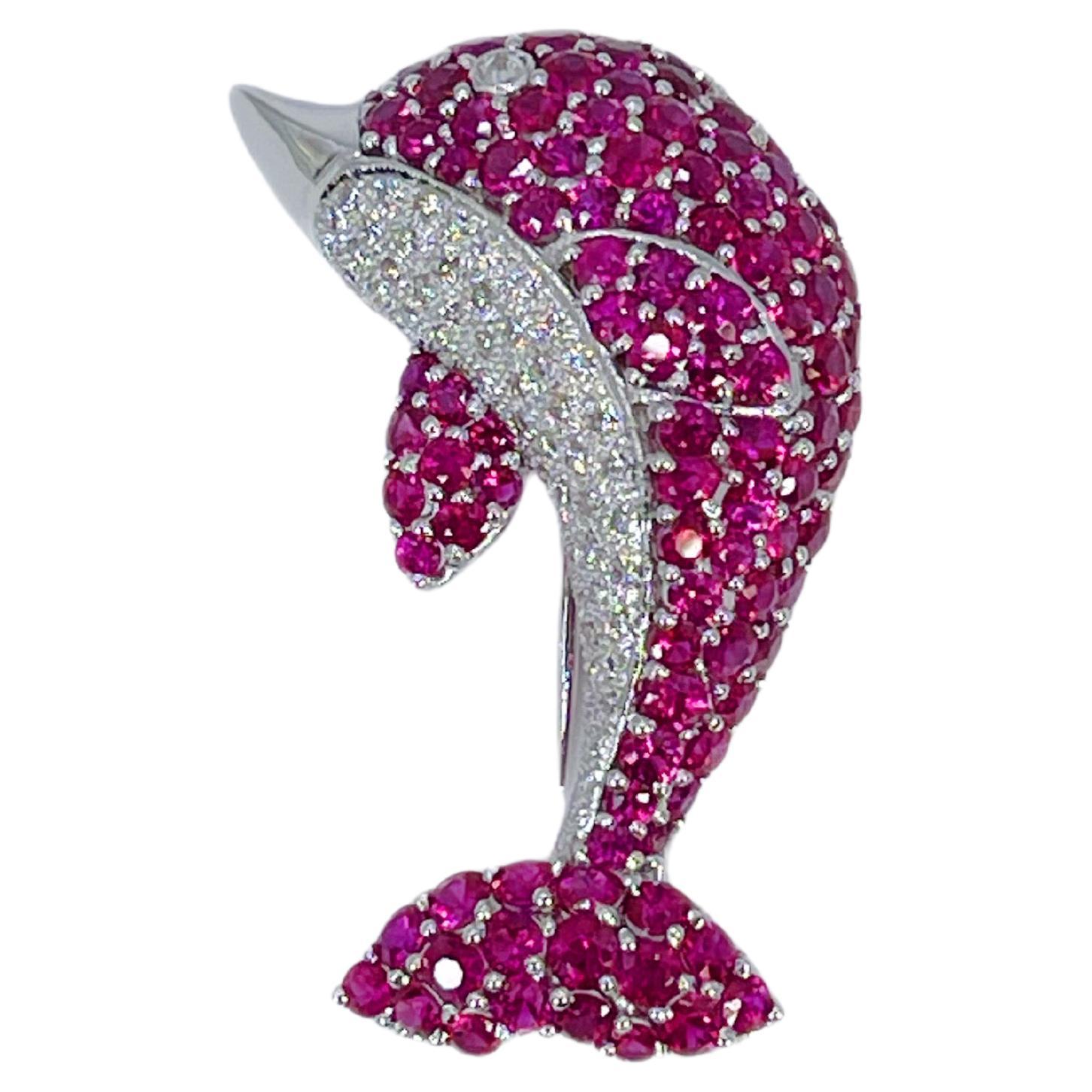 Dolphin Diamond Brooch 18KT White Gold Natural Rubies For Sale