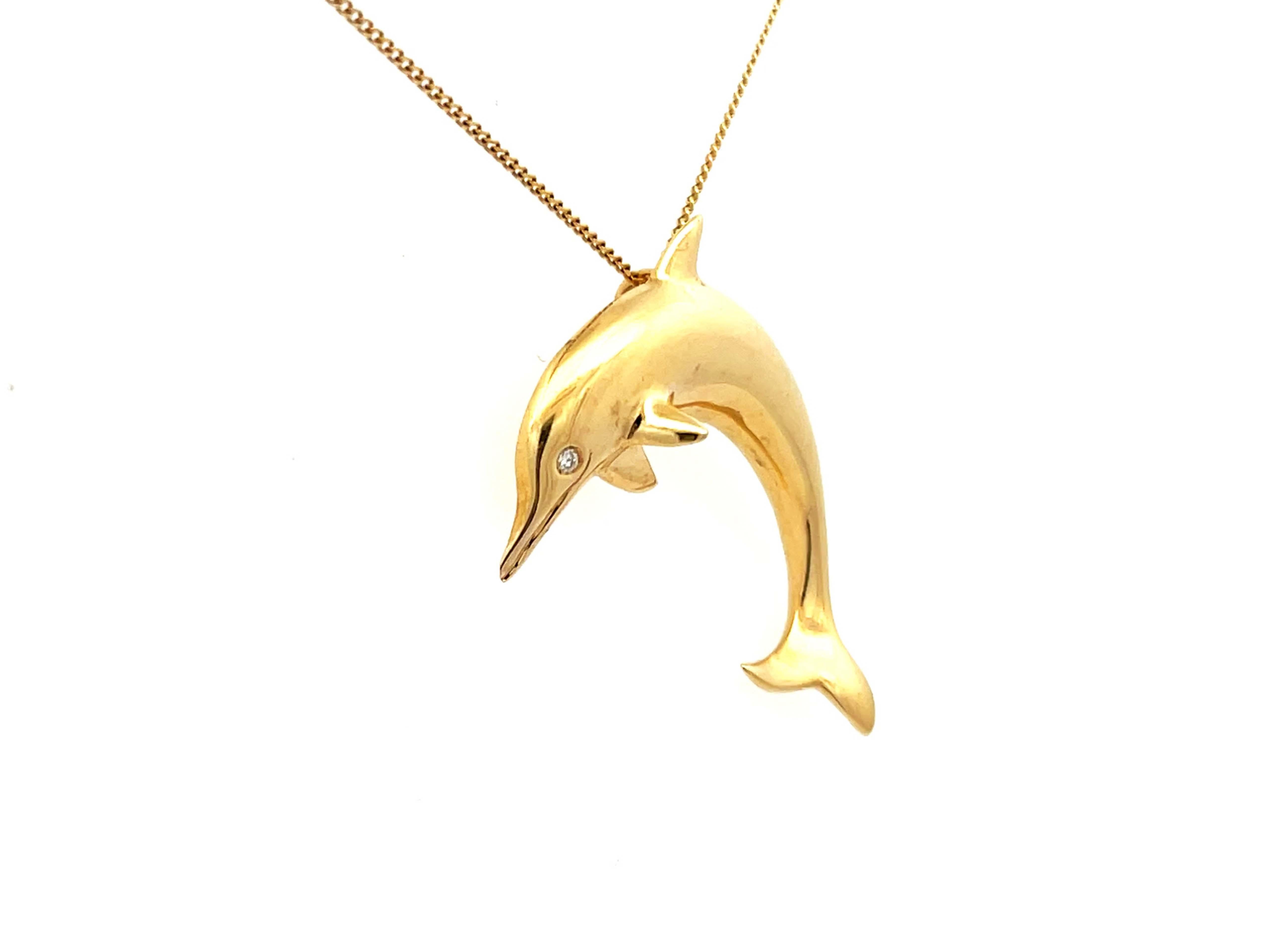Modern Dolphin Diamond Eye Necklace in 18k Yellow Gold