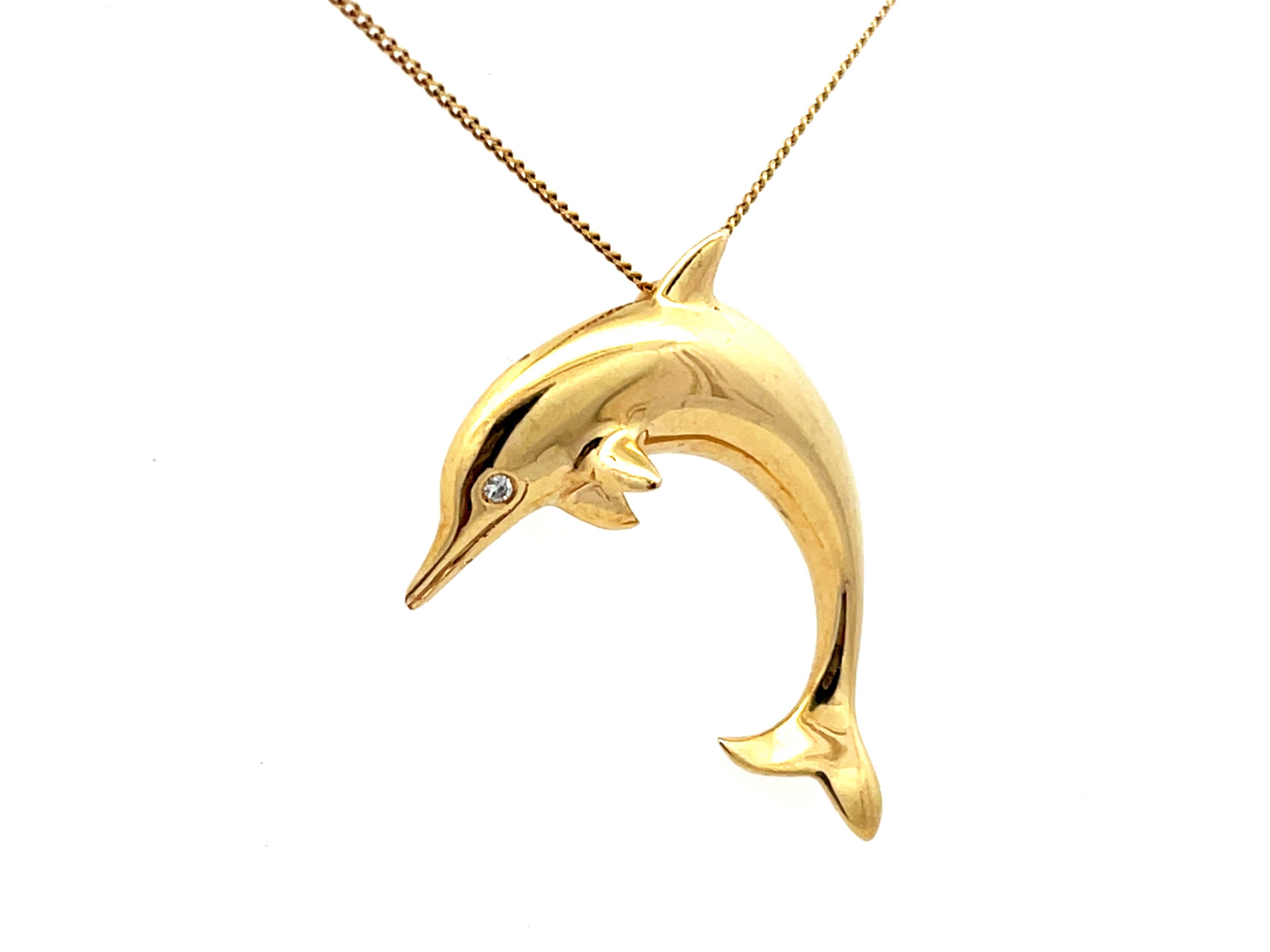 Dolphin Diamond Eye Necklace in 18k Yellow Gold In Excellent Condition In Honolulu, HI