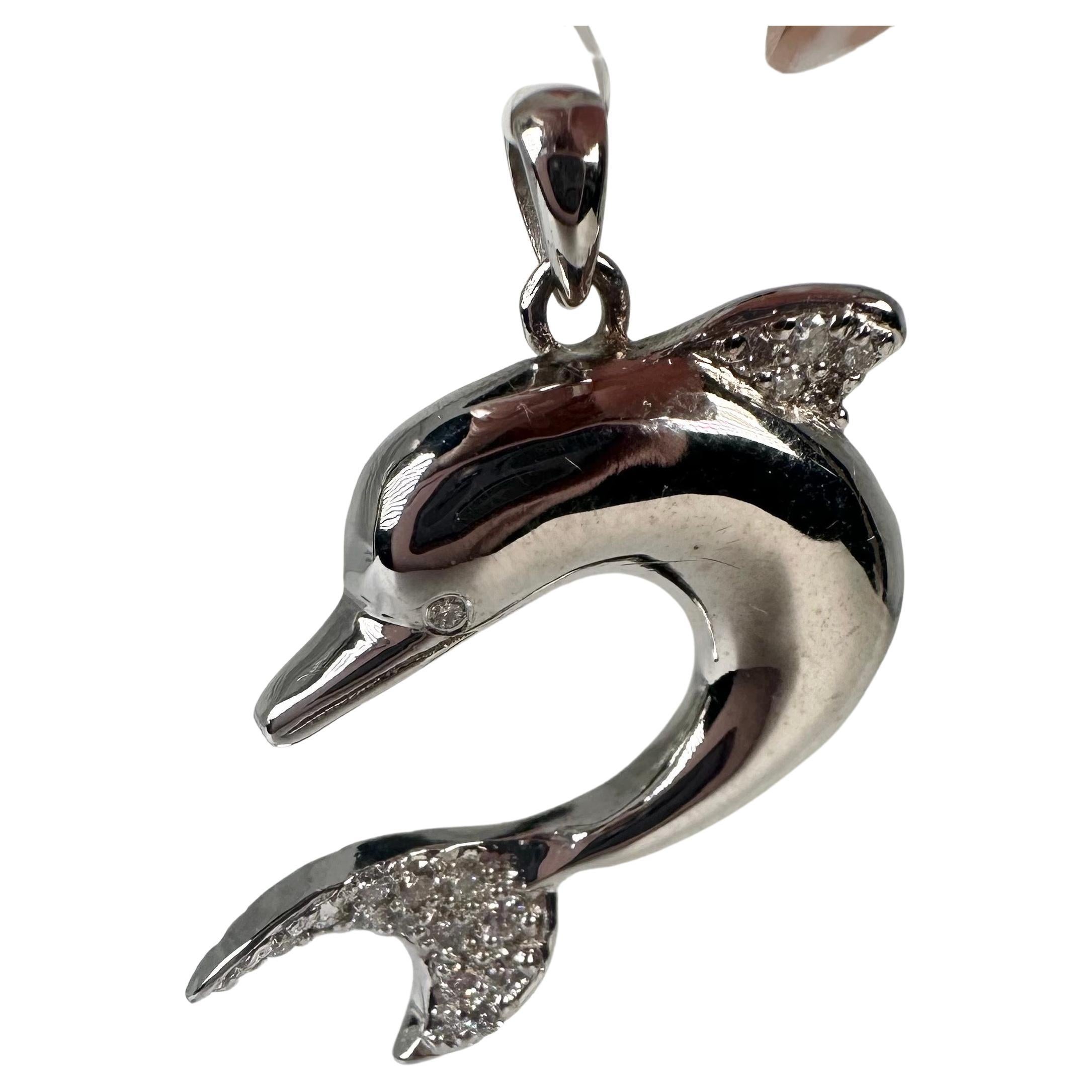 Dolphin diamond pendant 14KT solid gold pendant necklace For Sale