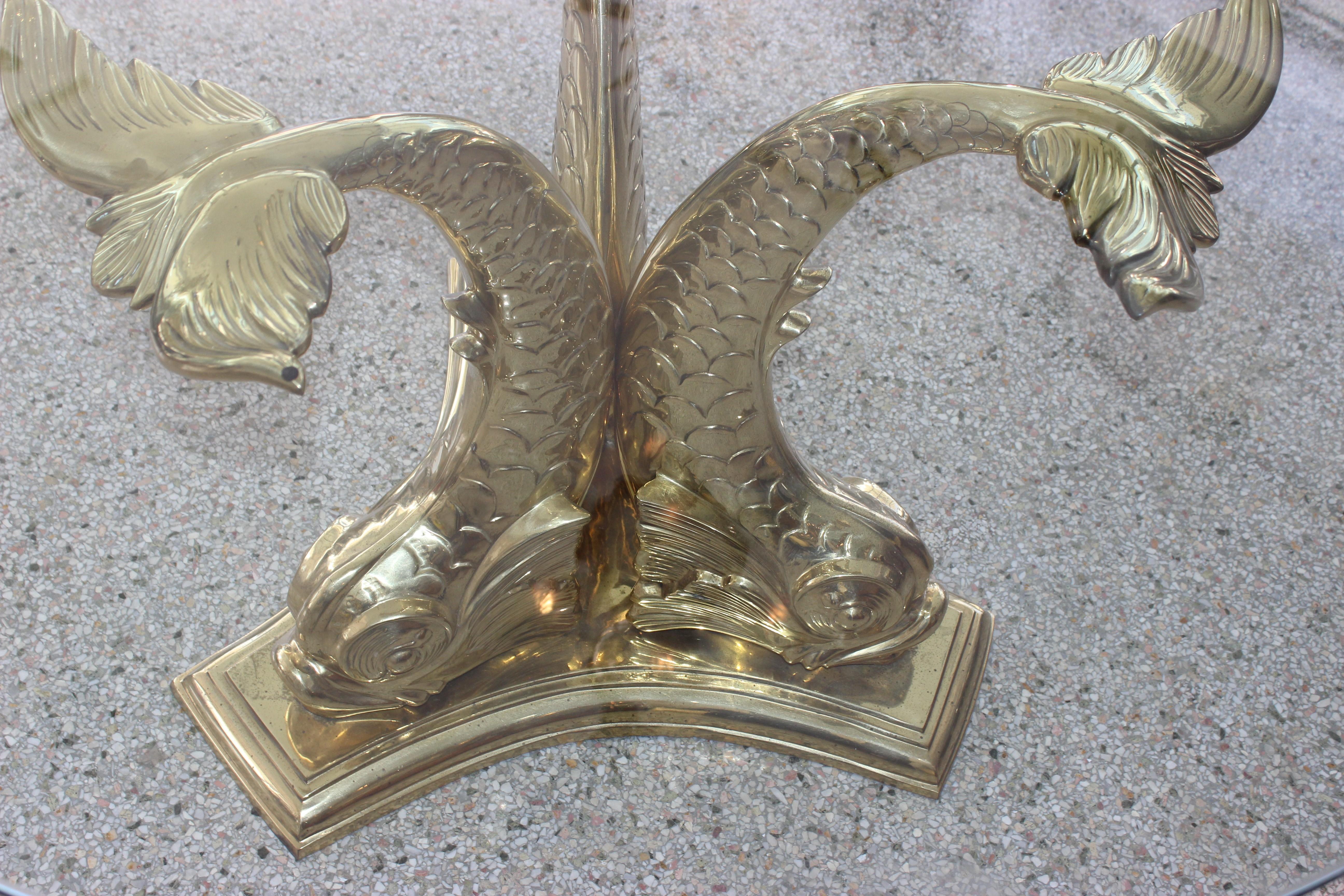 Dolphin Dining or Center Table Polished Brass and Glass 3