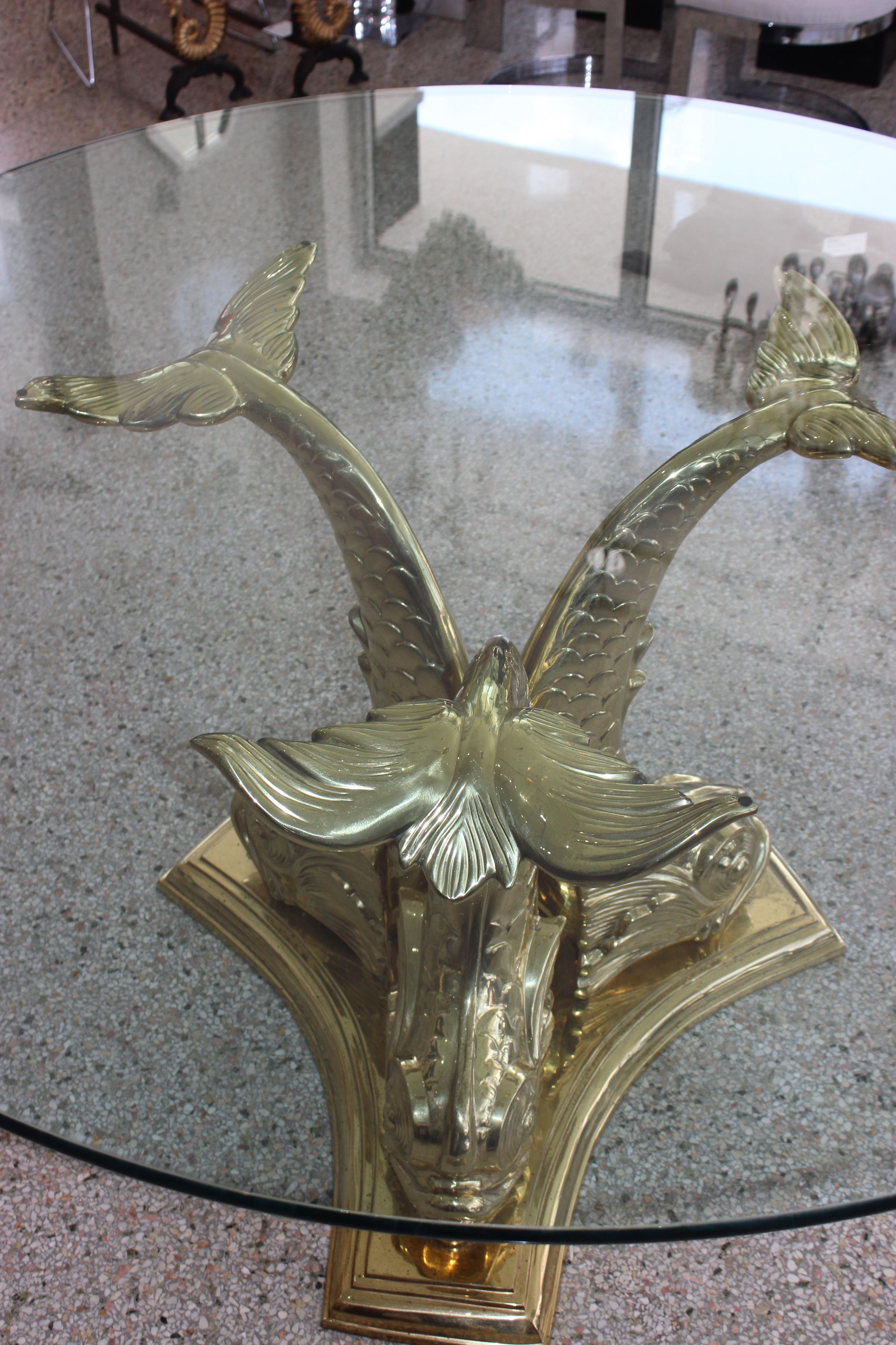Dolphin Dining or Center Table Polished Brass and Glass 4