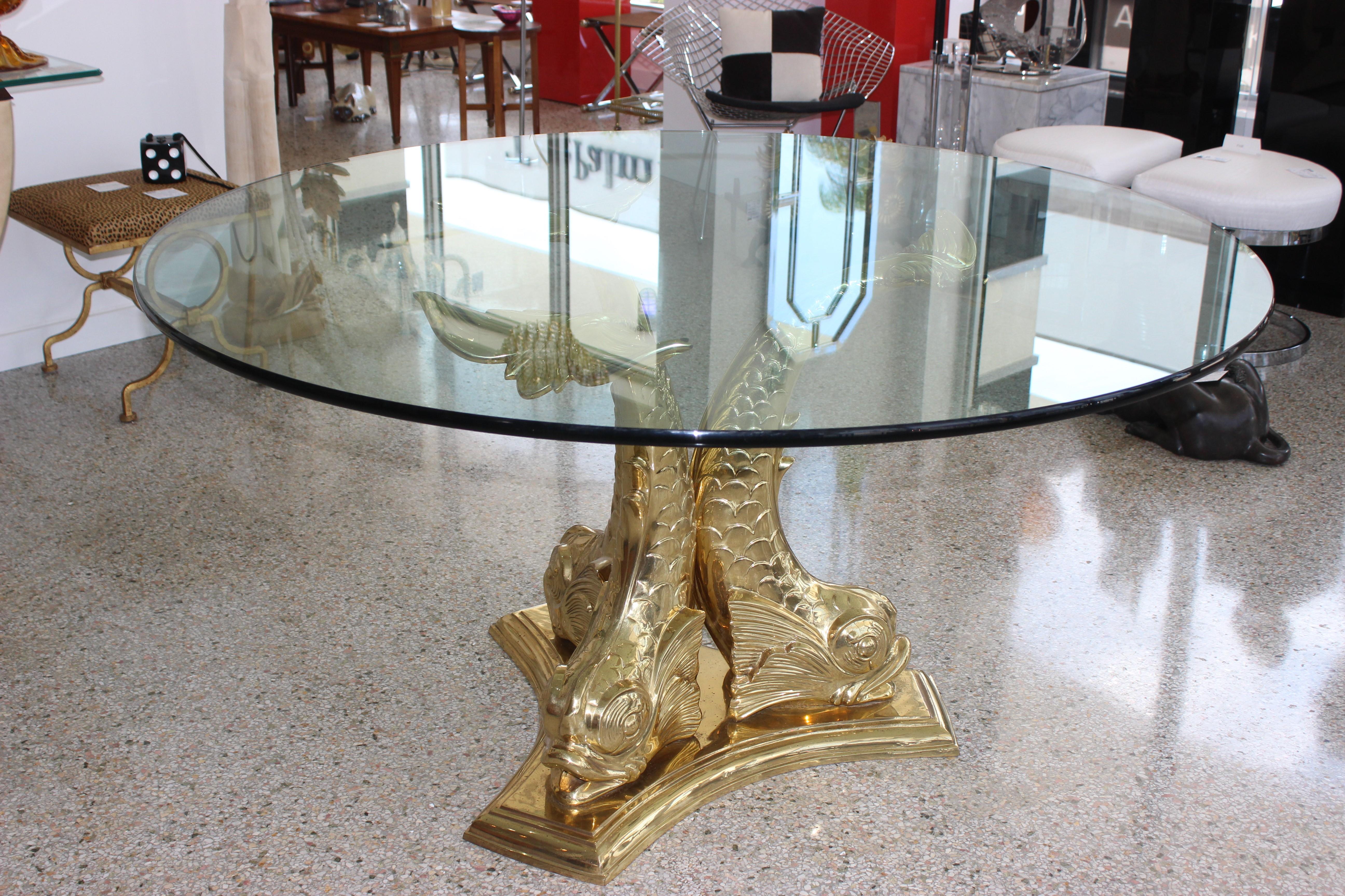 Hollywood Regency Dolphin Dining or Center Table Polished Brass and Glass