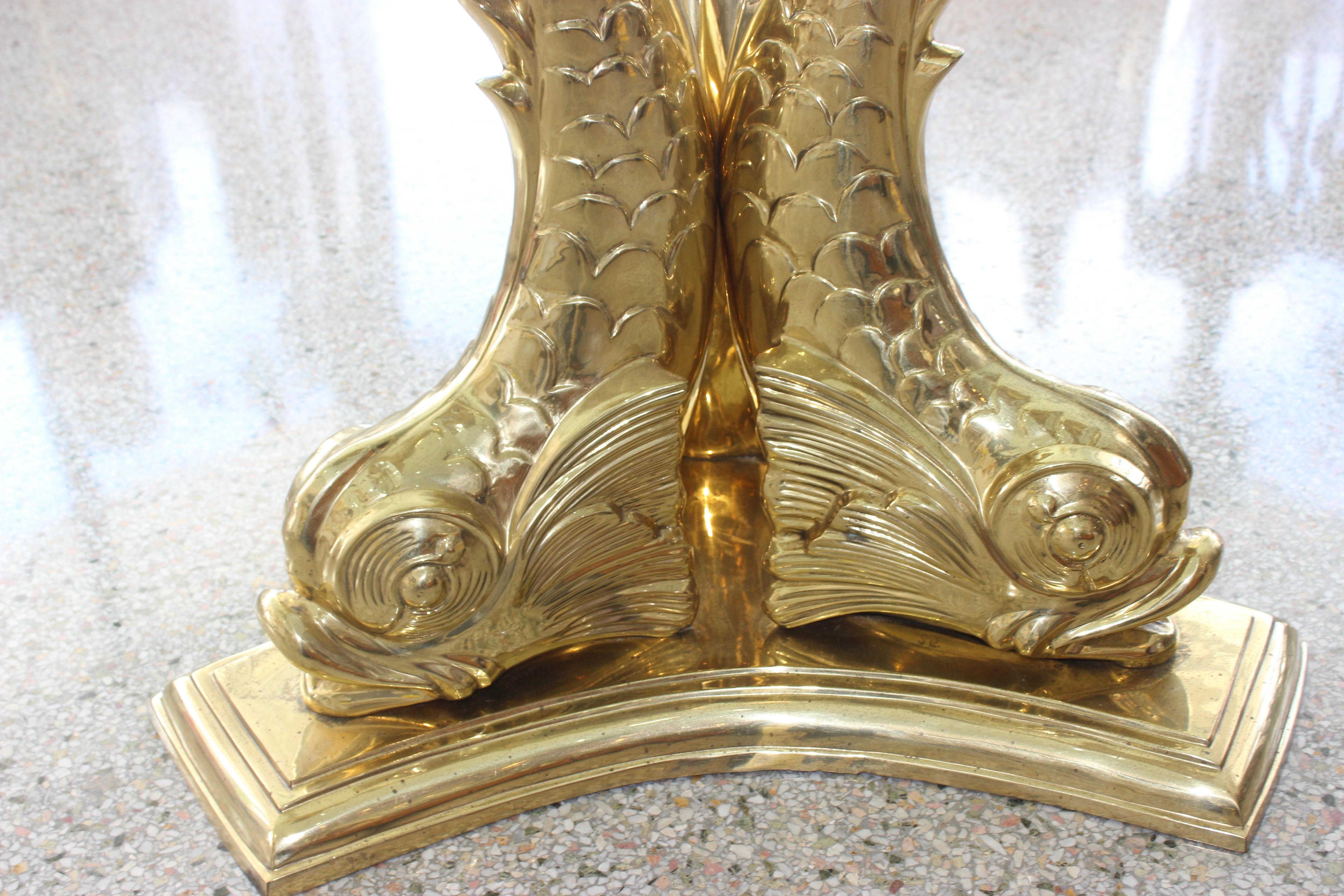 Dolphin Dining or Center Table Polished Brass and Glass In Good Condition In West Palm Beach, FL