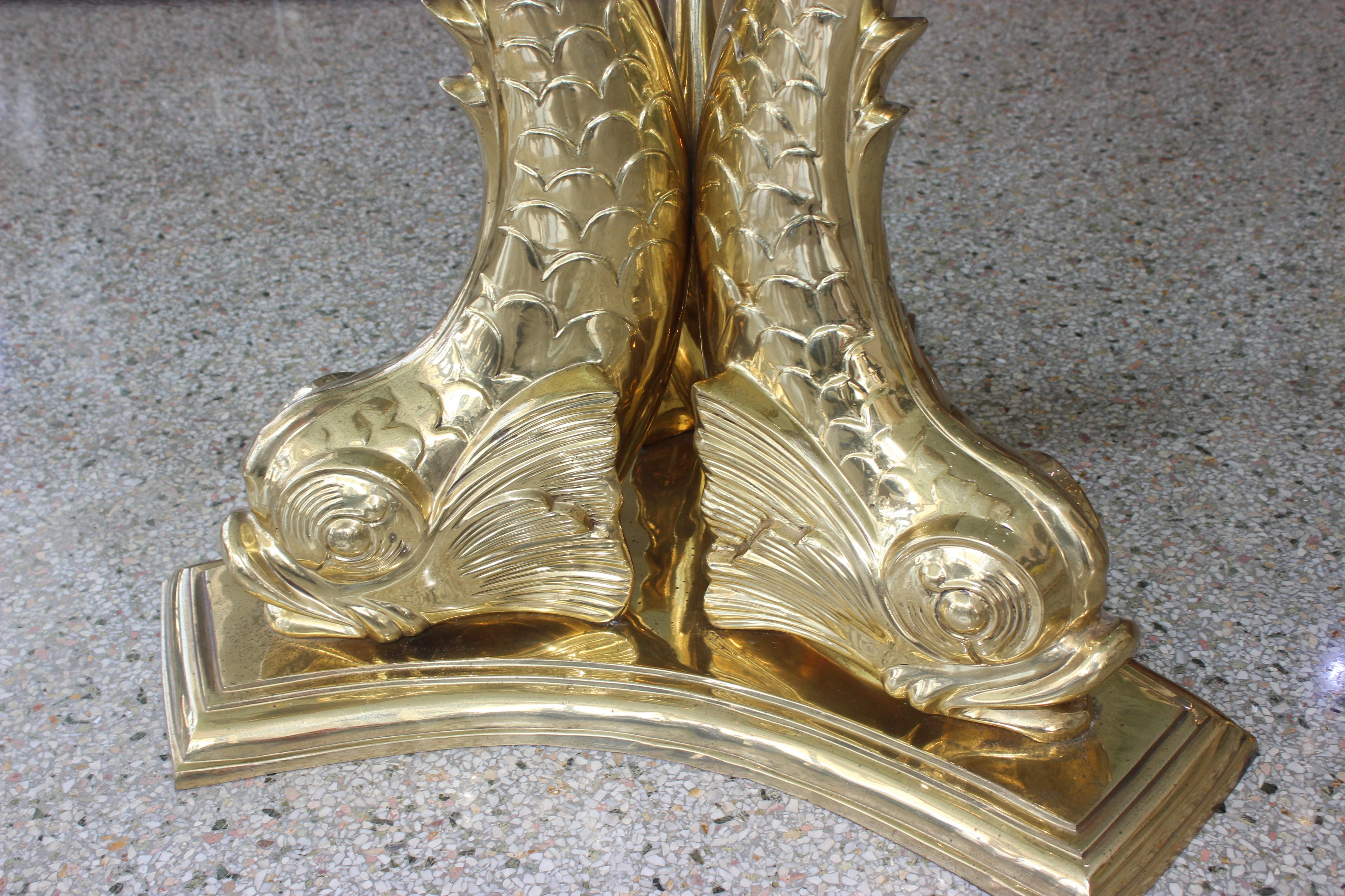 Late 20th Century Dolphin Dining or Center Table Polished Brass and Glass