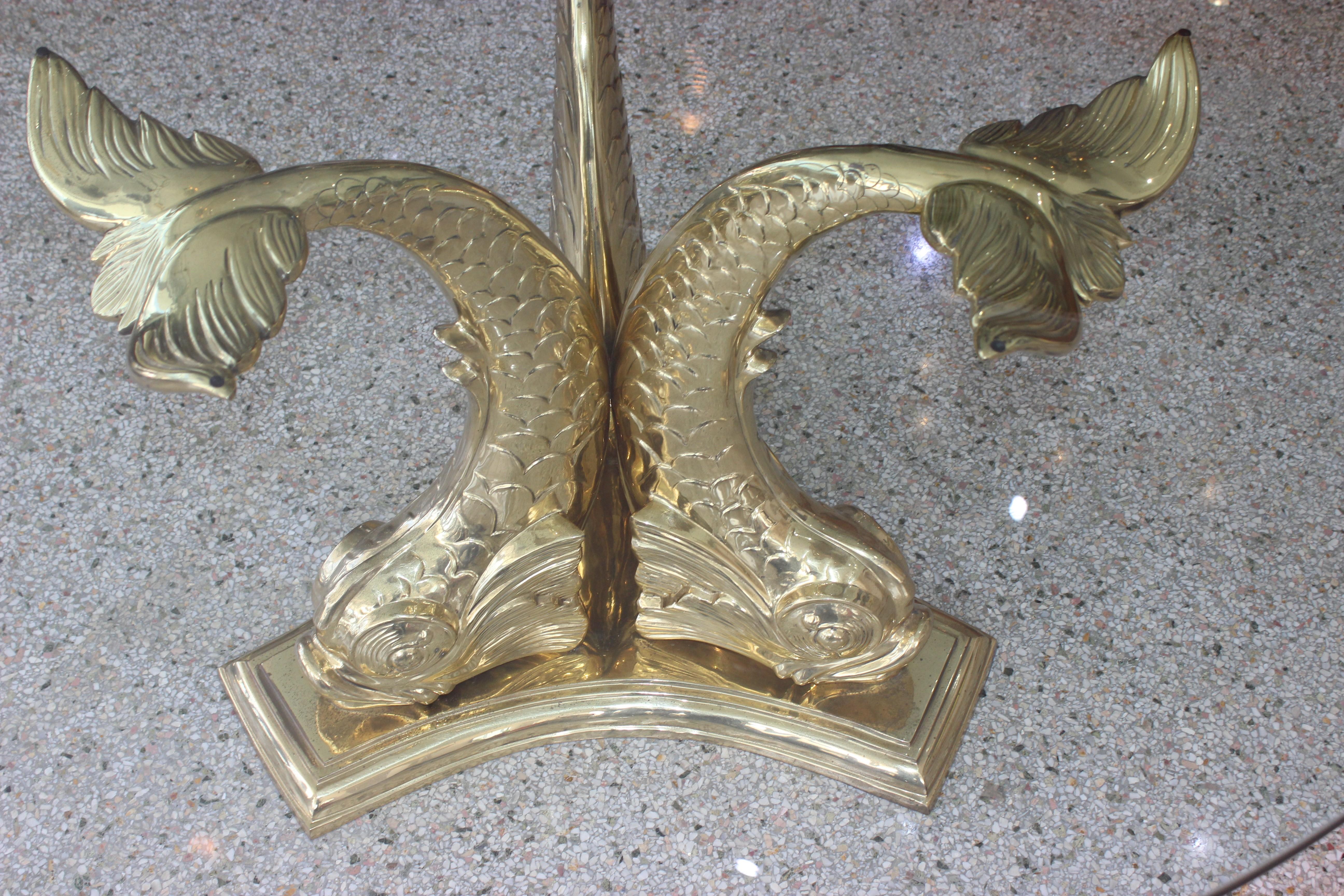 Dolphin Dining or Center Table Polished Brass and Glass 1