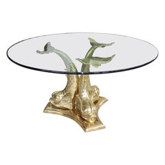 Dolphin Dining or Center Table Polished Brass and Glass