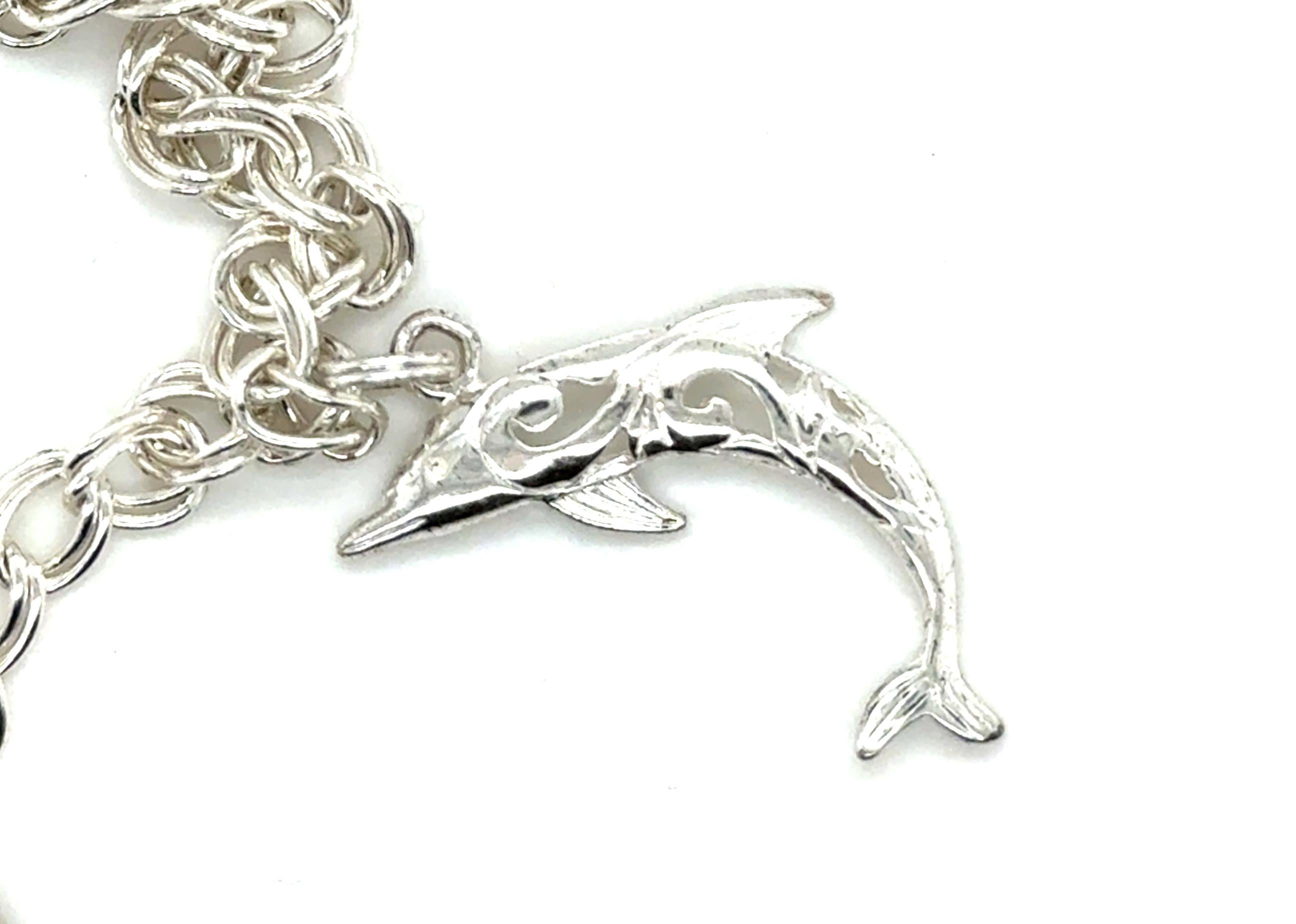 Bracelet de breloques pour dauphins en émail Argent Sterling Dauphins verts et turquoises en vente 2