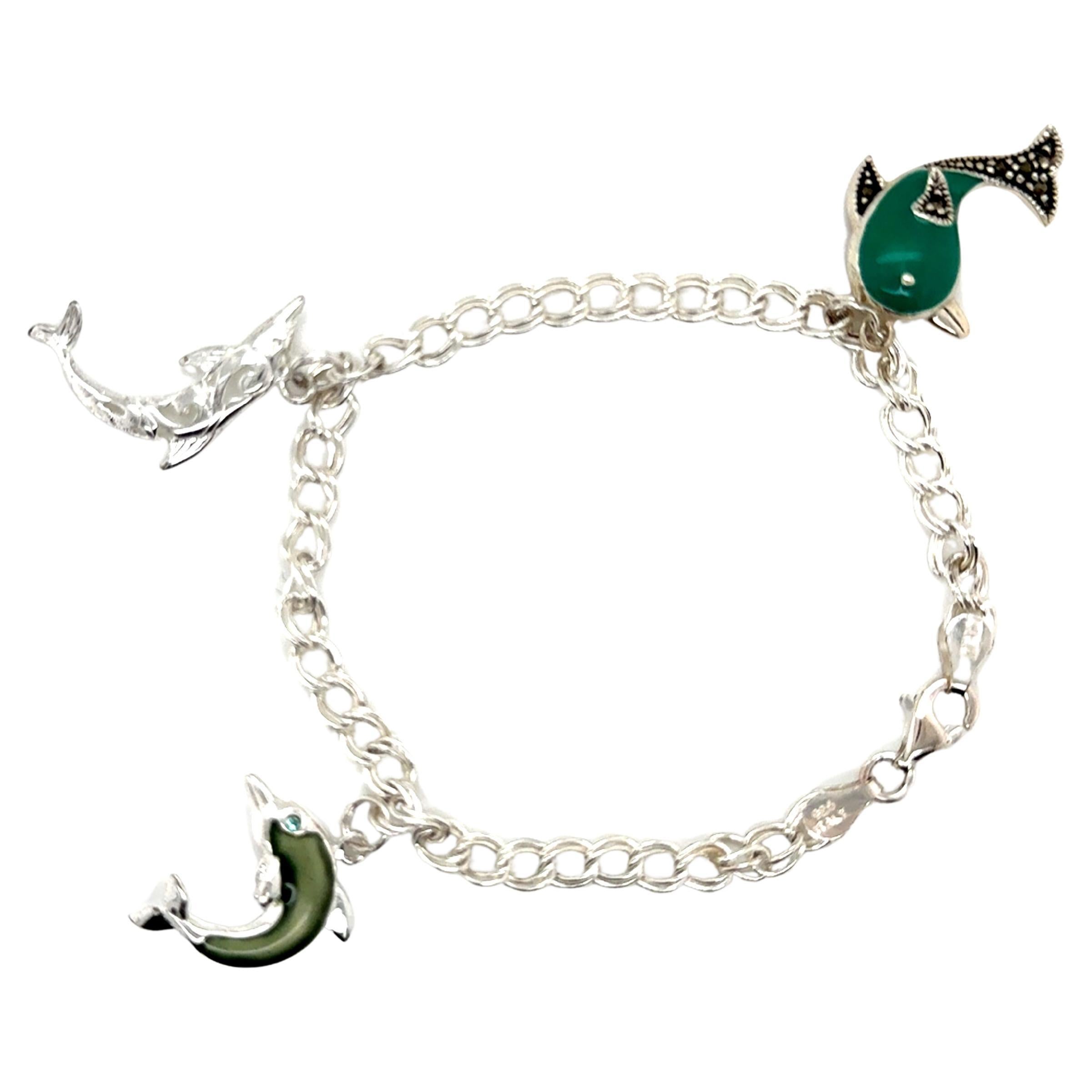 Bracelet de breloques pour dauphins en émail Argent Sterling Dauphins verts et turquoises en vente