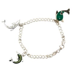Dolphin Enamel Charm Bracelet Sterling Silver Green and Turquoise Dolphins