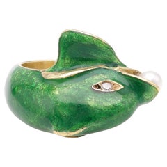 Vintage Dolphin Enamel Pearl Diamond Gold Ring