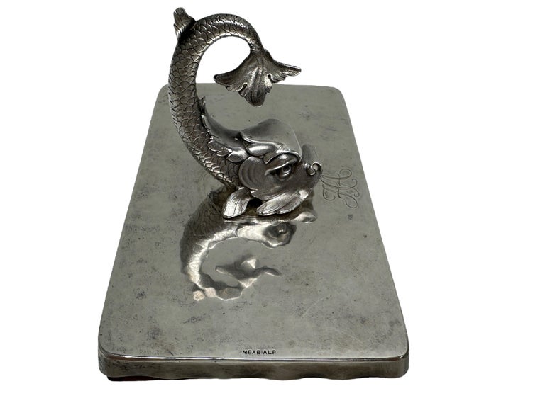 Dolphin Fish Inkwell, Candlestick, Blotter Desktop Set, Silver Plated