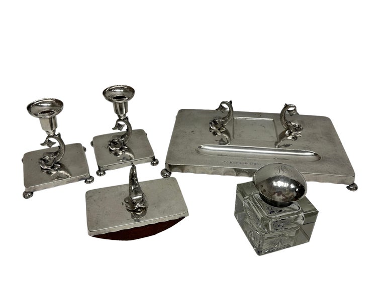 Dolphin Fish Inkwell, Candlestick, Blotter Desktop Set, Silver Plated