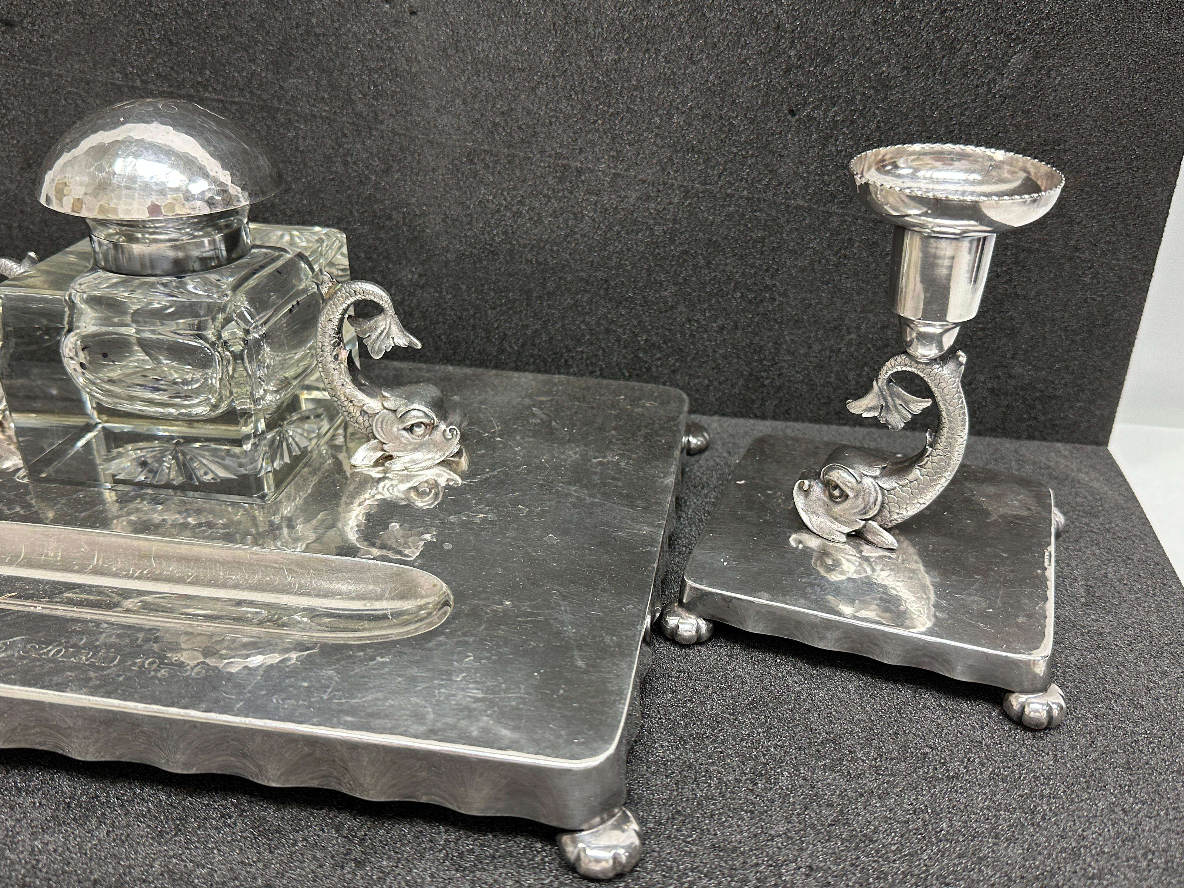 Dolphin Fish Inkwell, Candlestick, Blotter Desktop Set, Silver Plated, Sweden For Sale 7