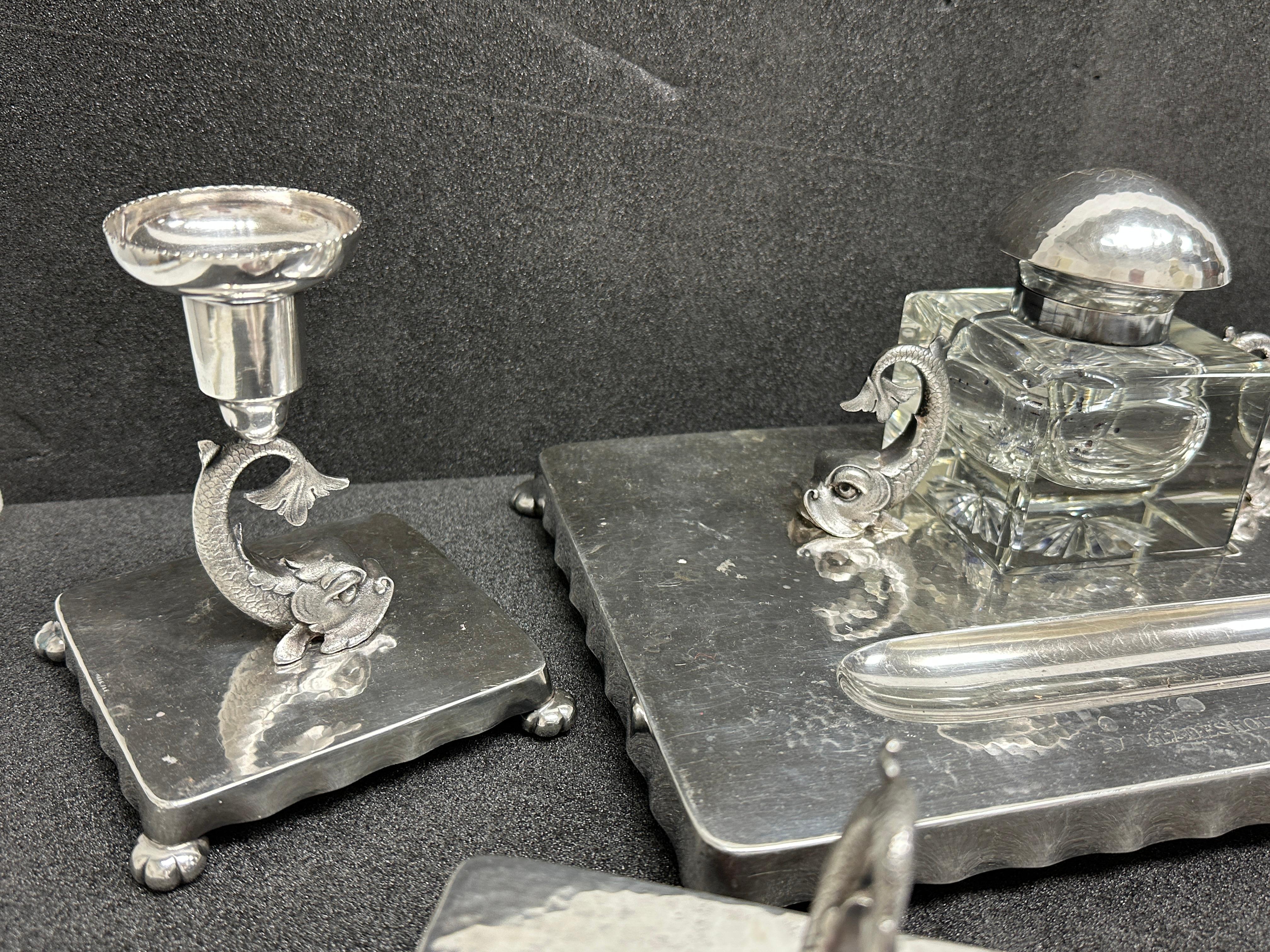 Dolphin Fish Inkwell, Candlestick, Blotter Desktop Set, Silver Plated, Sweden For Sale 8
