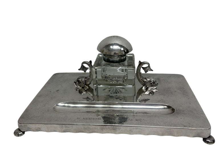 Dolphin Fish Inkwell, Candlestick, Blotter Desktop Set, Silver Plated