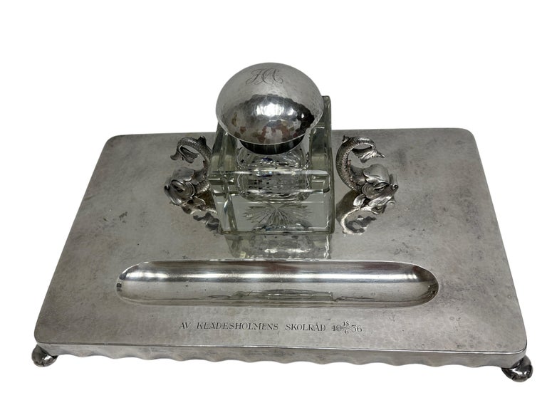 Dolphin Fish Inkwell, Candlestick, Blotter Desktop Set, Silver Plated