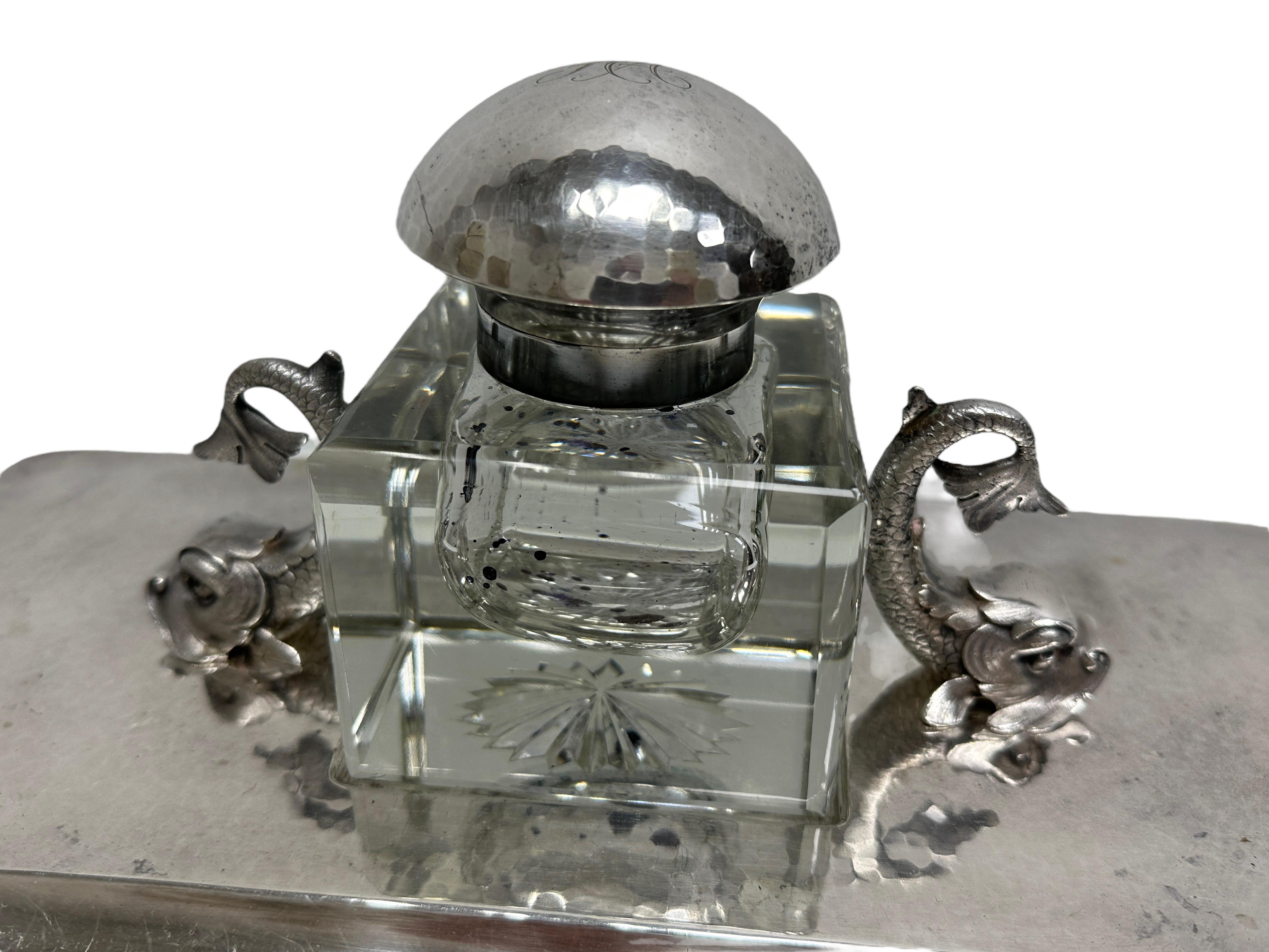 Dolphin Fish Inkwell, Candlestick, Blotter Desktop Set, Silver Plated, Sweden In Good Condition For Sale In Nuernberg, DE