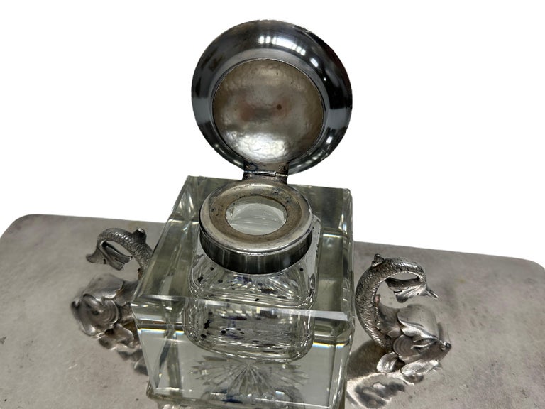 Dolphin Fish Inkwell, Candlestick, Blotter Desktop Set, Silver Plated