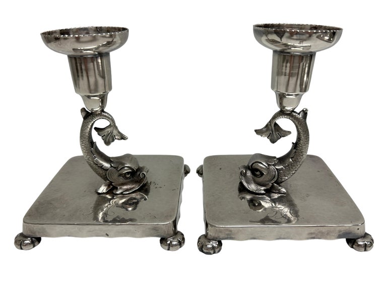 Dolphin Fish Inkwell, Candlestick, Blotter Desktop Set, Silver Plated