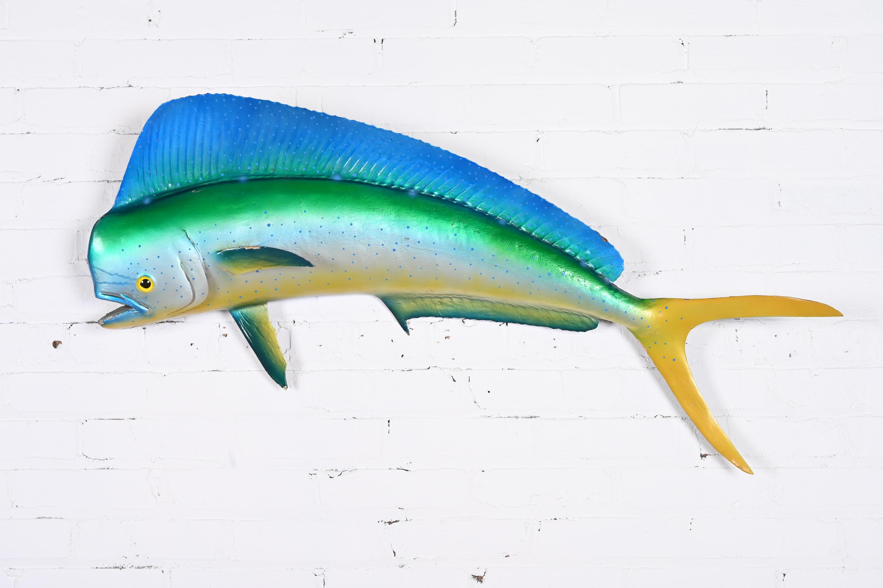A beautiful tropical Mahi Mahi dolphin fish hand-painted wall hanging statute

20th Century

Stunning hand-painted details, over wood, resin, and fiberglass.

Measures: 40