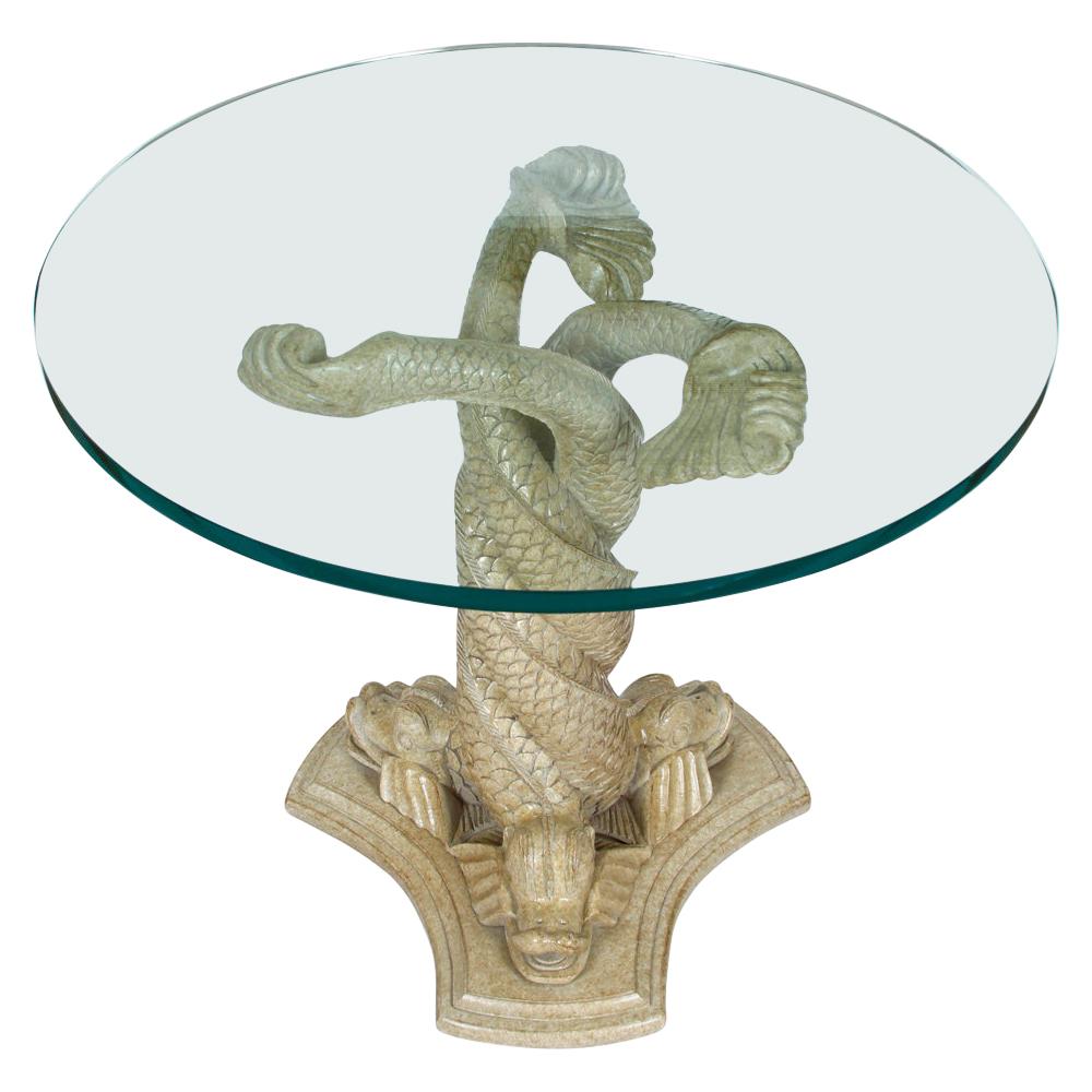 Base de table sculptée en forme de dauphin avec plateau en verre