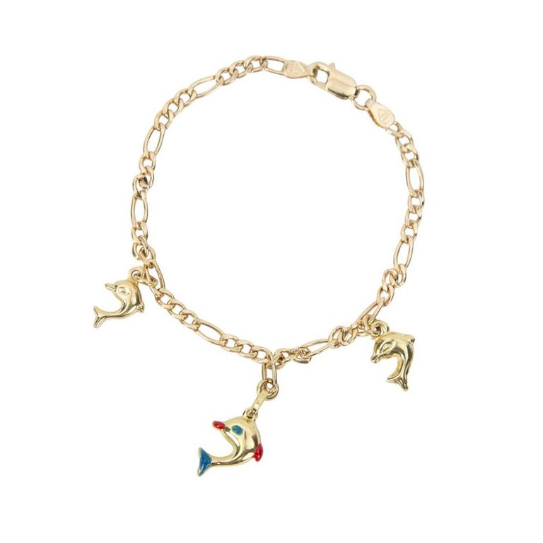 Dolphin Gold Link Charm Bracelet Estate Fine Jewelry For Sale at