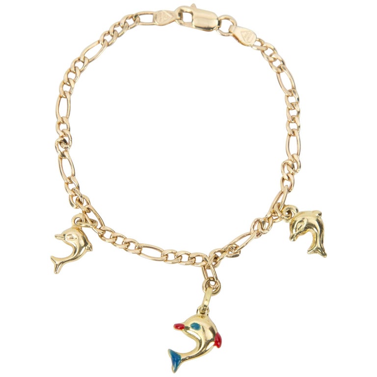 Dolphin Gold Link Charm Bracelet Estate Fine Jewelry For Sale at