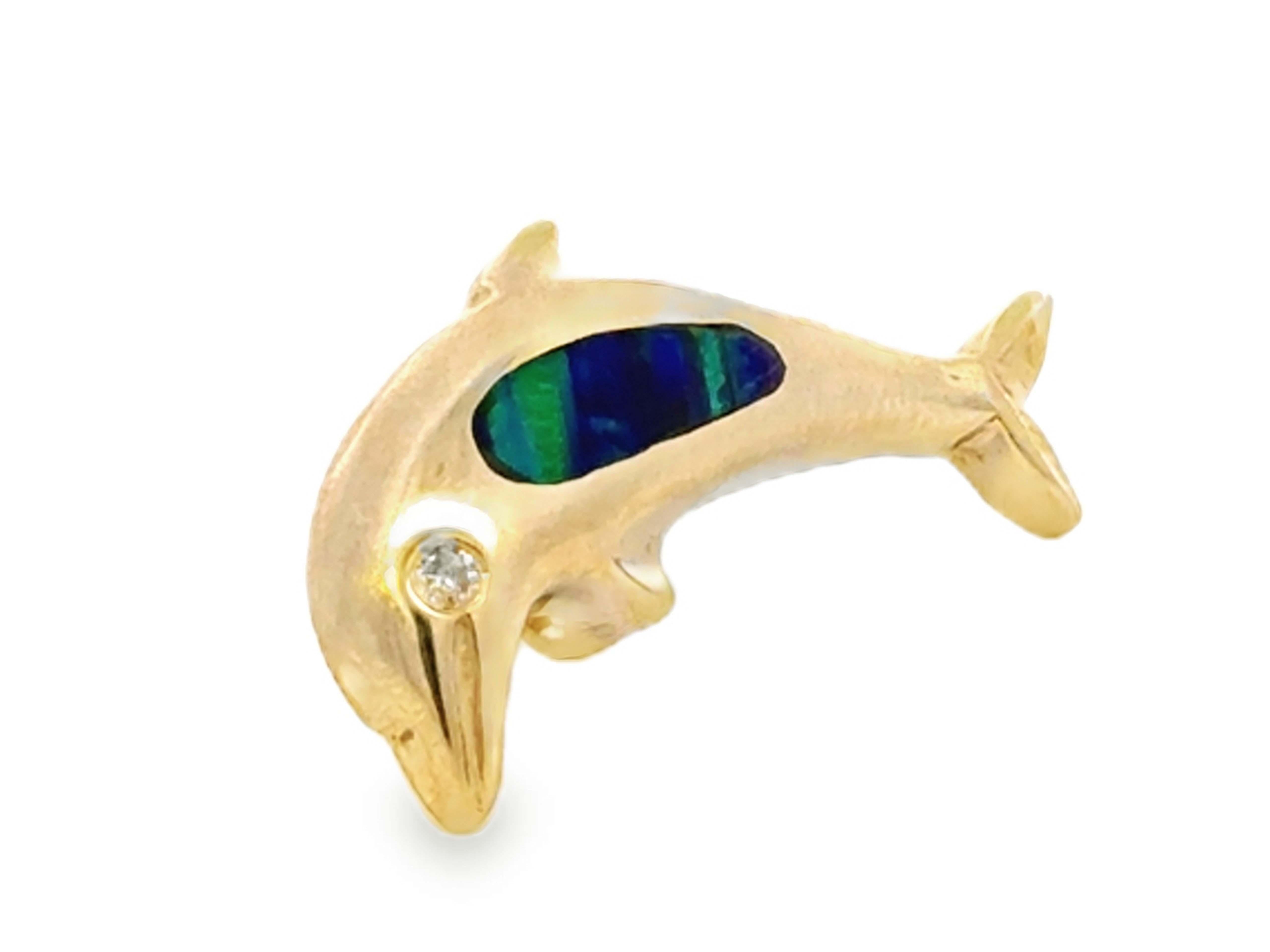 Taille brillant Pendentif œil de dauphin incrusté d'opale et de diamants en or jaune 14k en vente