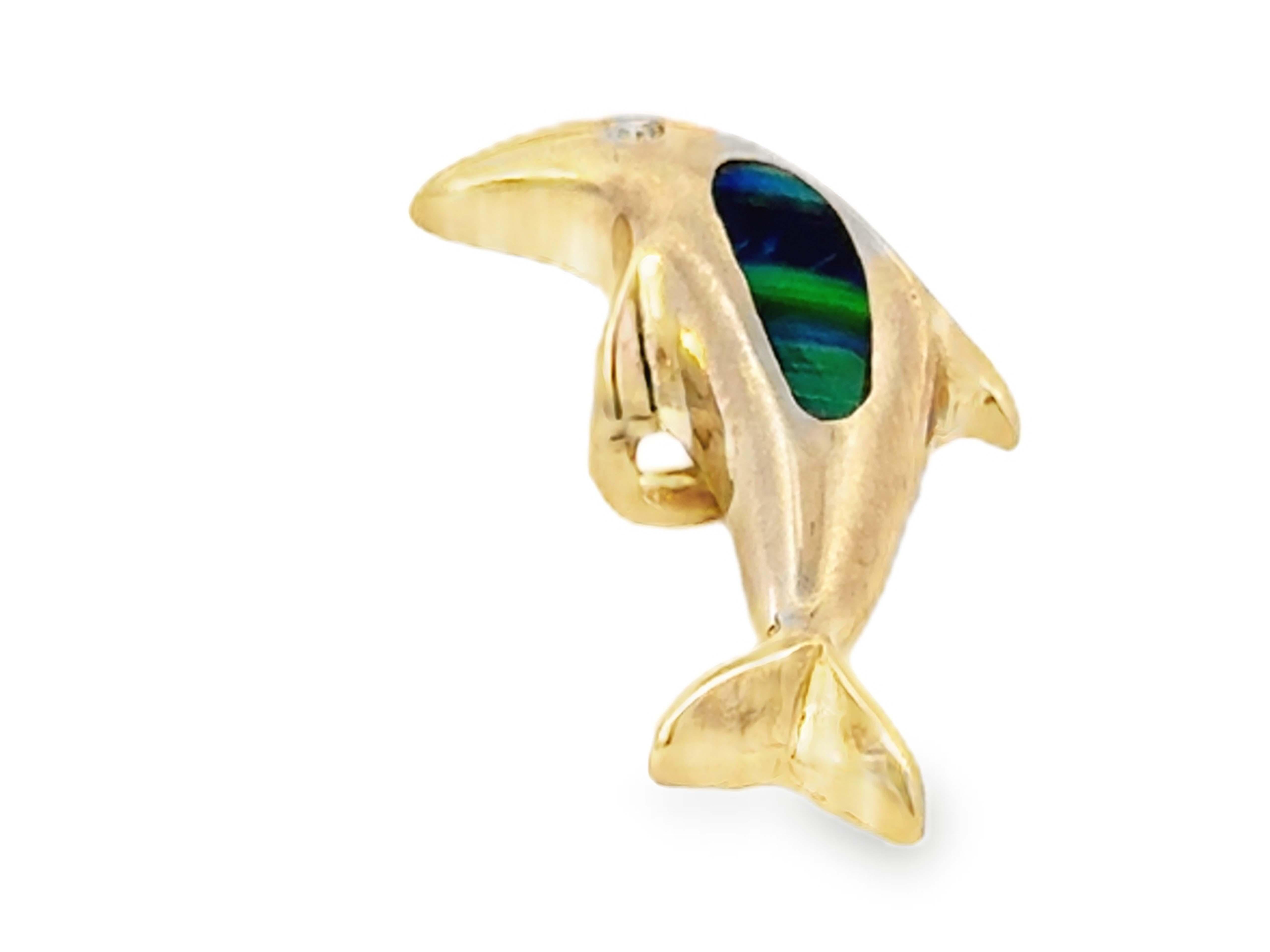 Pendentif œil de dauphin incrusté d'opale et de diamants en or jaune 14k en vente 1