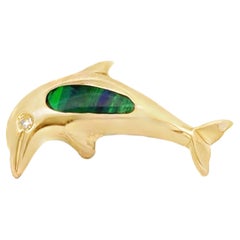 Dolphin Opal Inlay Diamond Eye Pendant 14k Yellow Gold