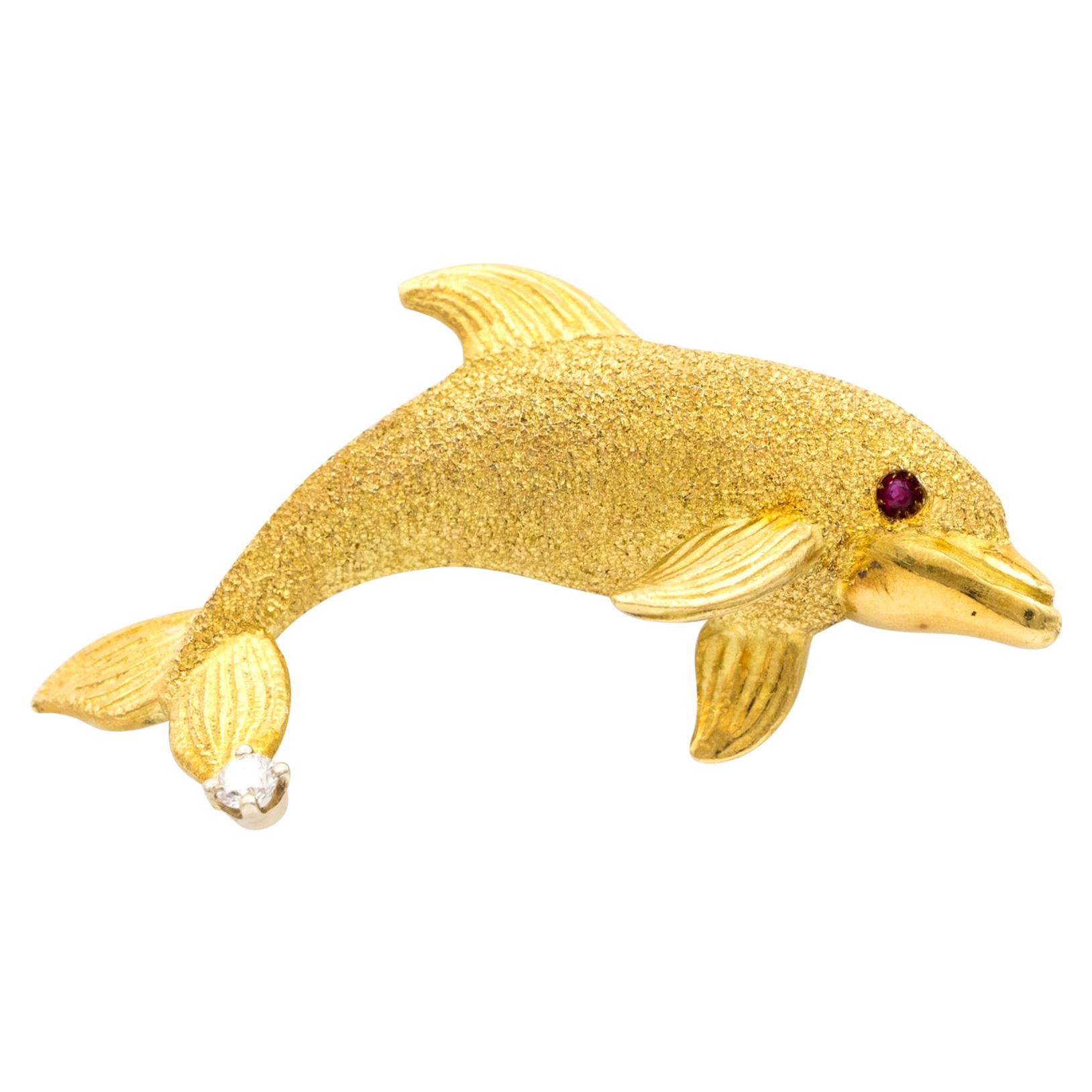 18K Yellow Gold Dolphin Motif Pin with Ruby eye and Diamond
