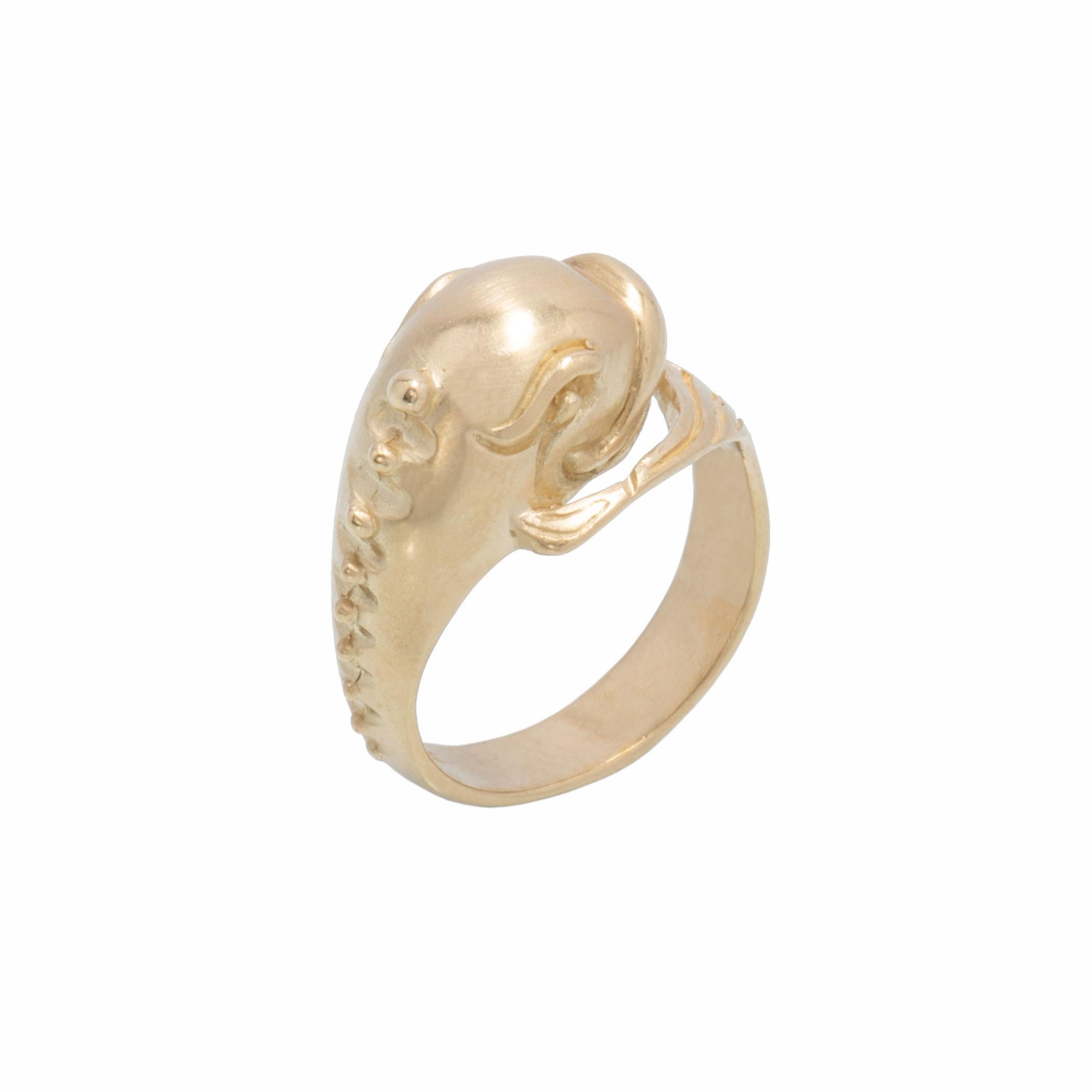 Our Dolphin Ring in 18 karat gold harkens back to ancient times when the dolphin was revered as the messenger of Poseidon or Neptune, the god of the seas. Mythological tales abound of ships guided through narrow straits by dolphins, sailors rescued