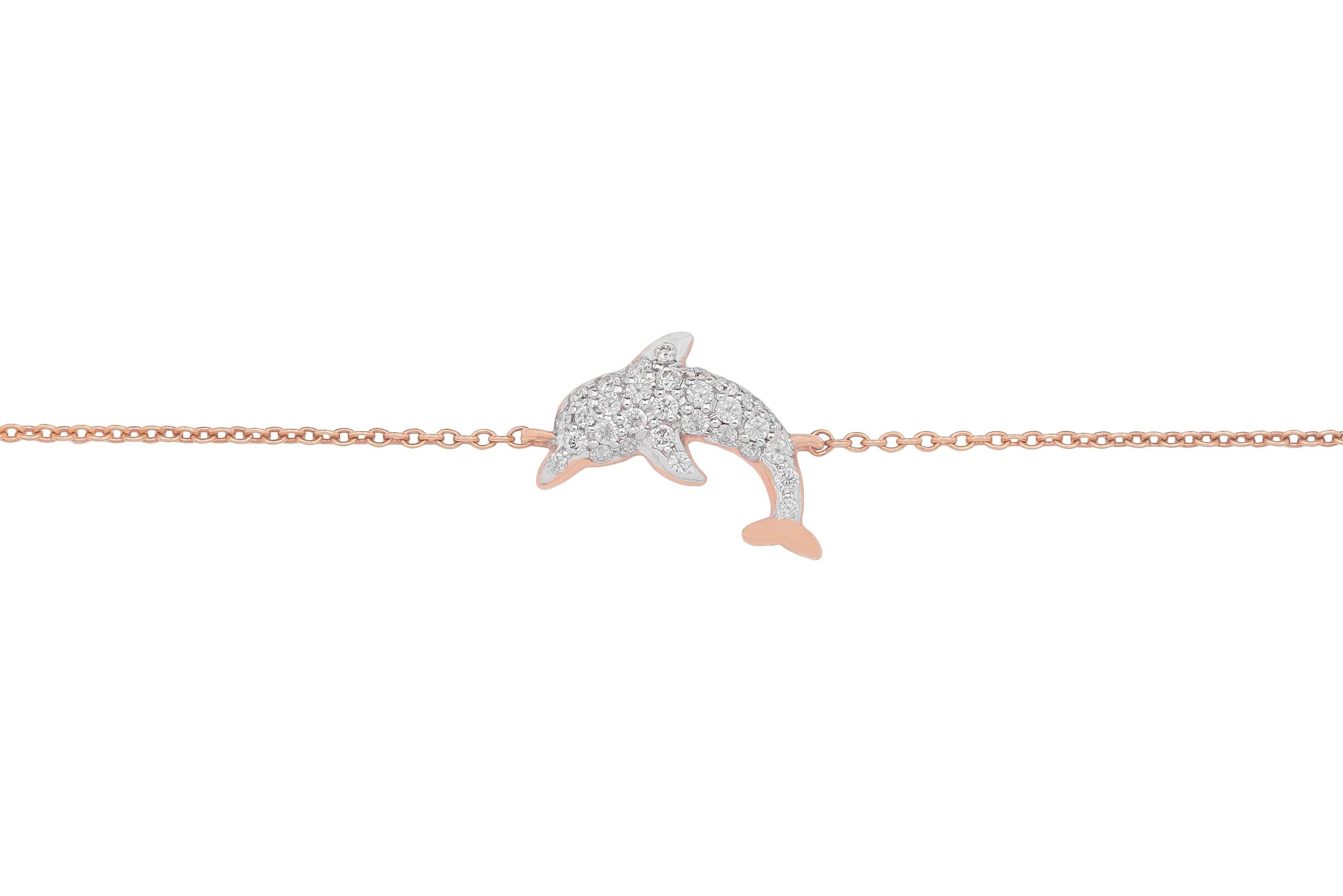 This 18k rose gold bracelet with diamonds is made in Italy by Fanuele Gioielli.    
It features a rose gold dolphin covered with white brilliant cut diamonds.
The length of the bracelet can be adjusted through two rings placed at the end of the