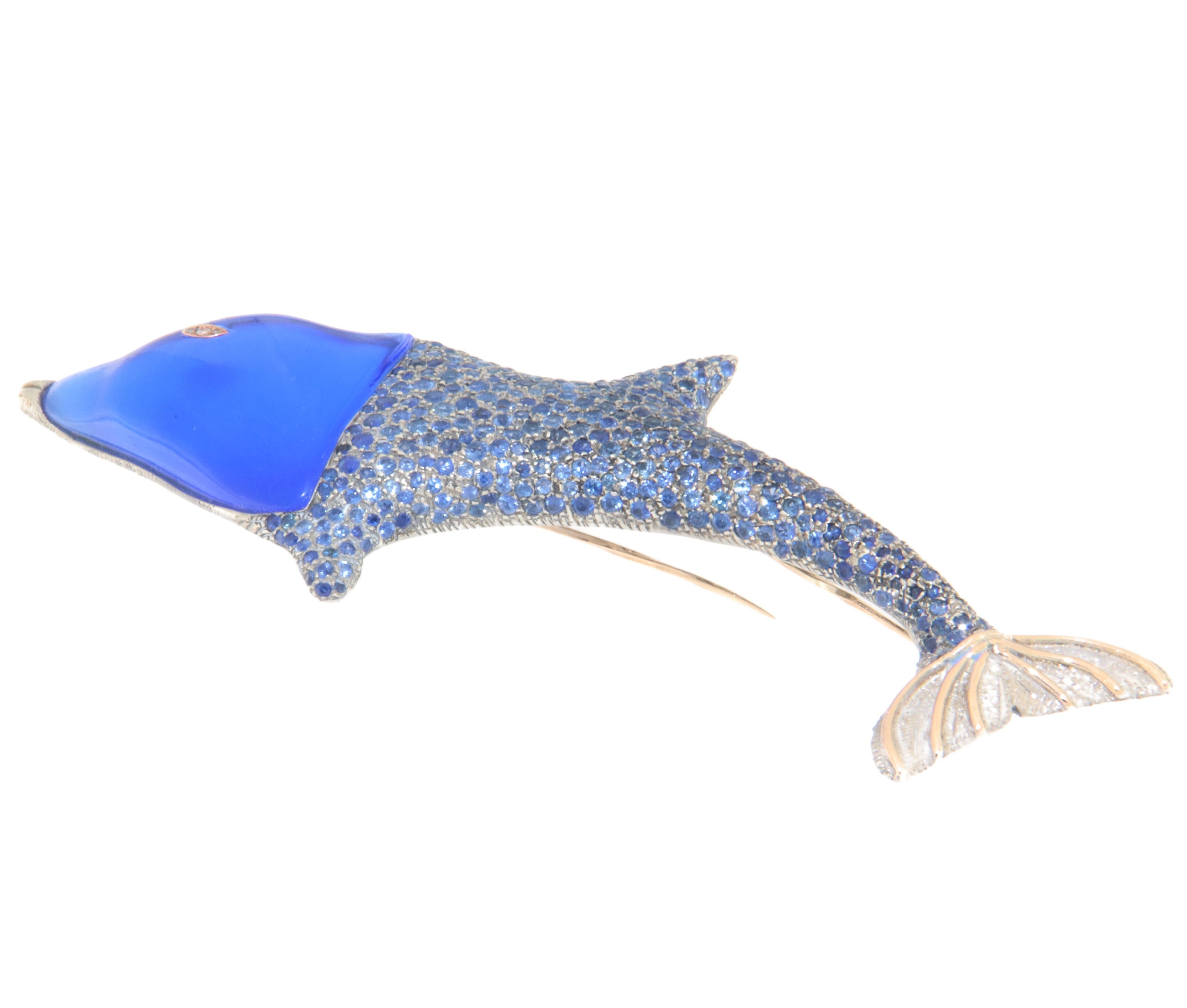 Delphin Saphire Diamanten 9 Karat Gelbgold Brosche (Brillantschliff) im Angebot