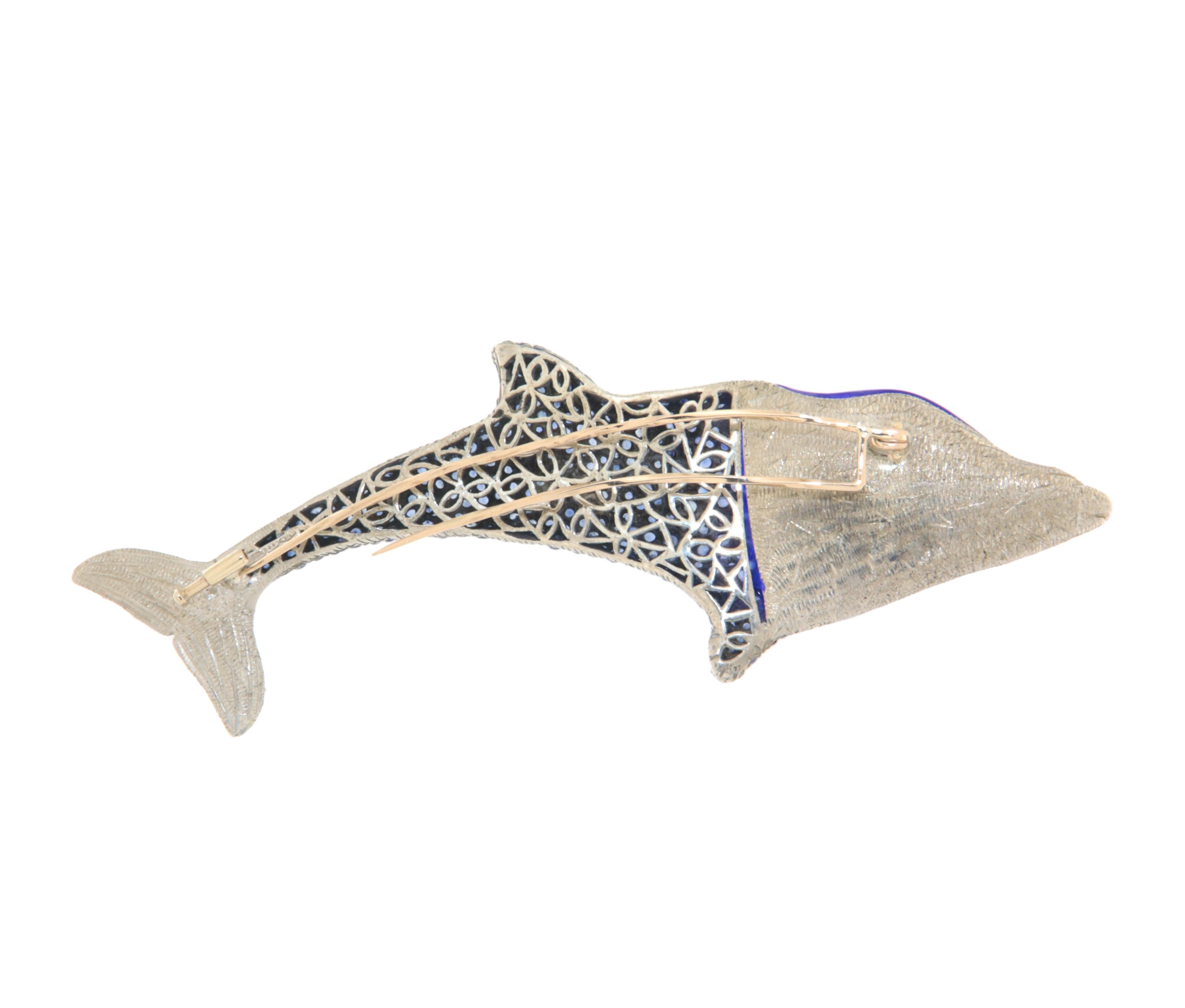 Delphin Saphire Diamanten 9 Karat Gelbgold Brosche im Zustand „Neu“ im Angebot in Marcianise, IT