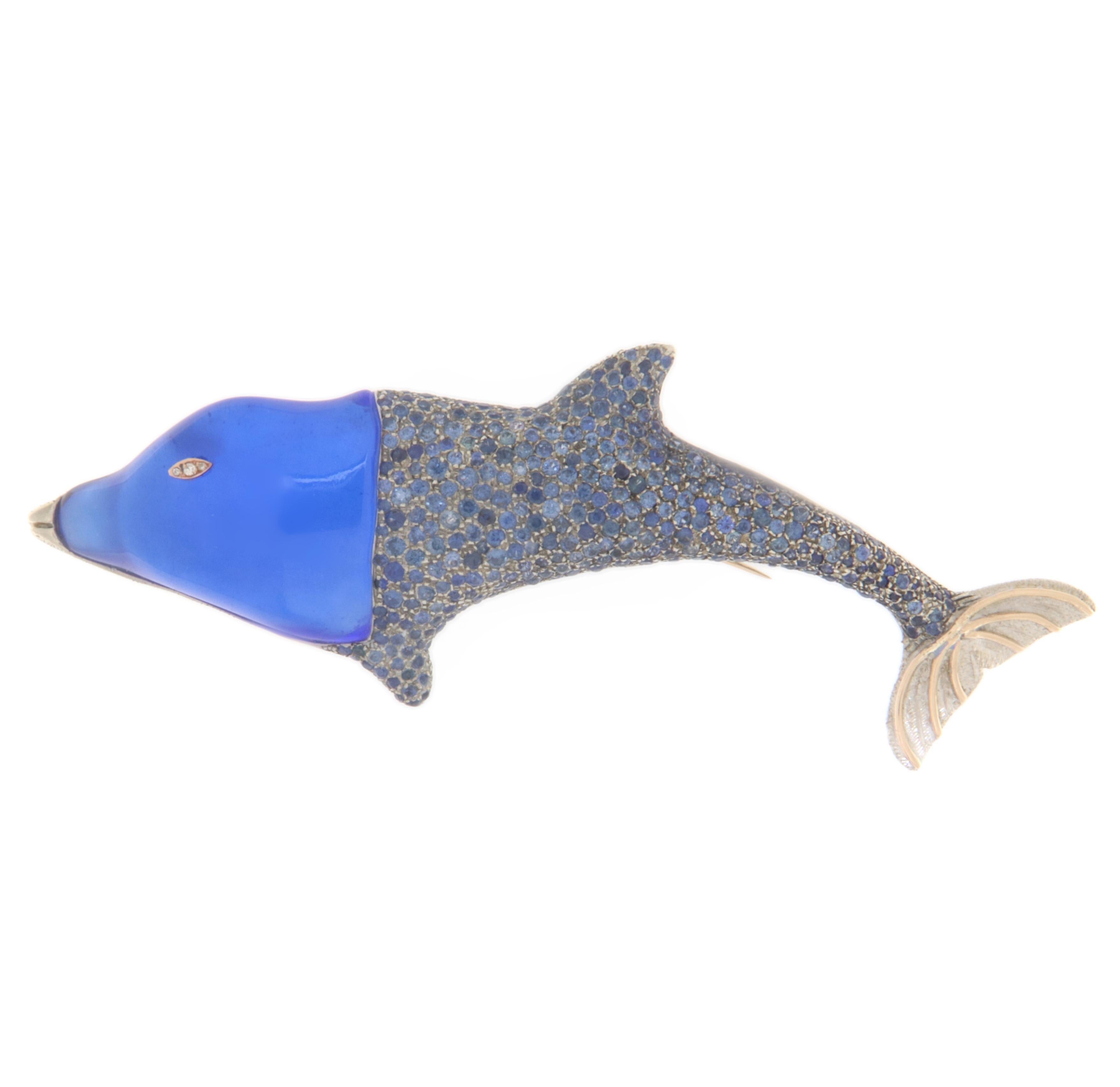 Delphin Saphire Diamanten 9 Karat Gelbgold Brosche im Angebot 1