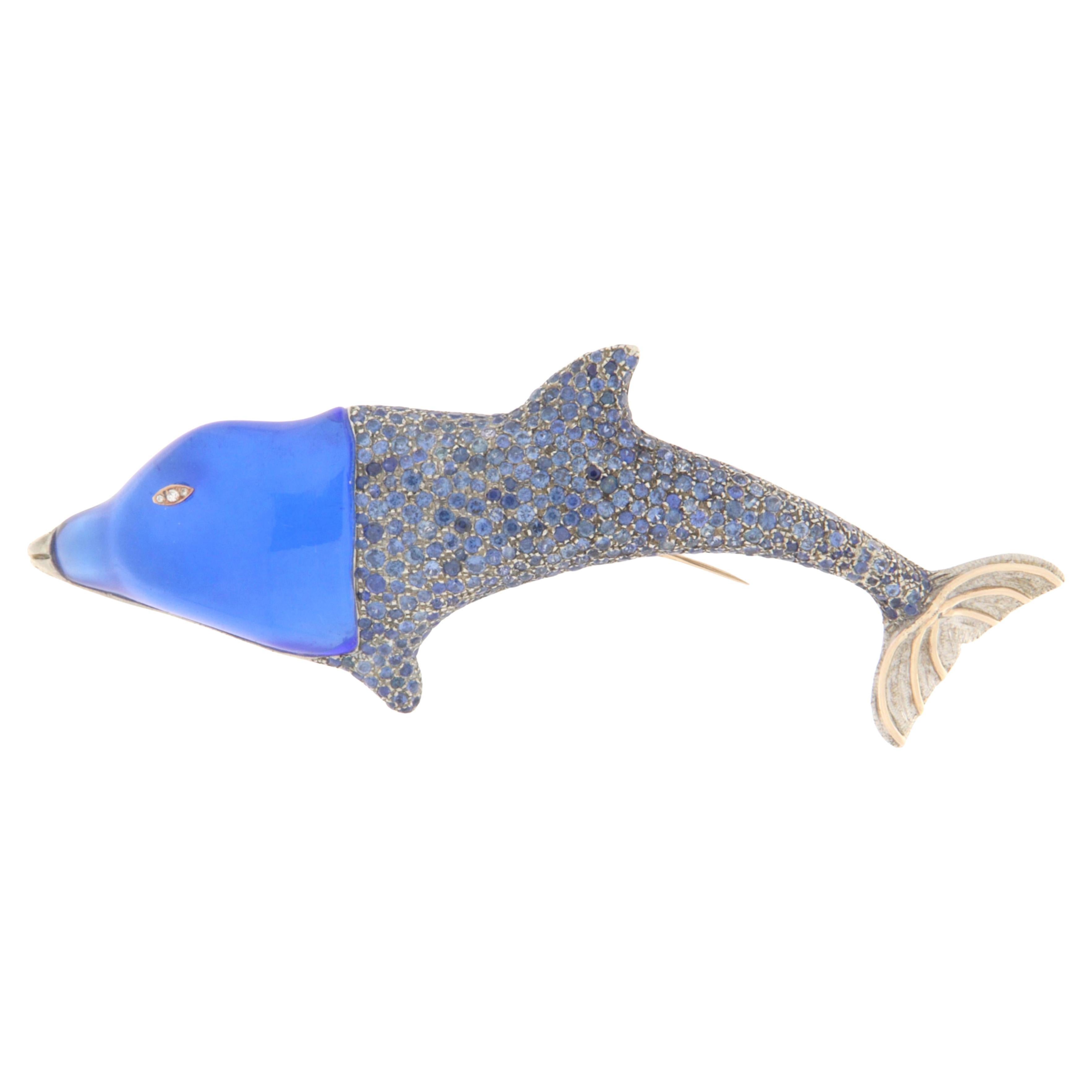 Dolphin Sapphires Diamonds 9 Karat Yellow Gold Brooch