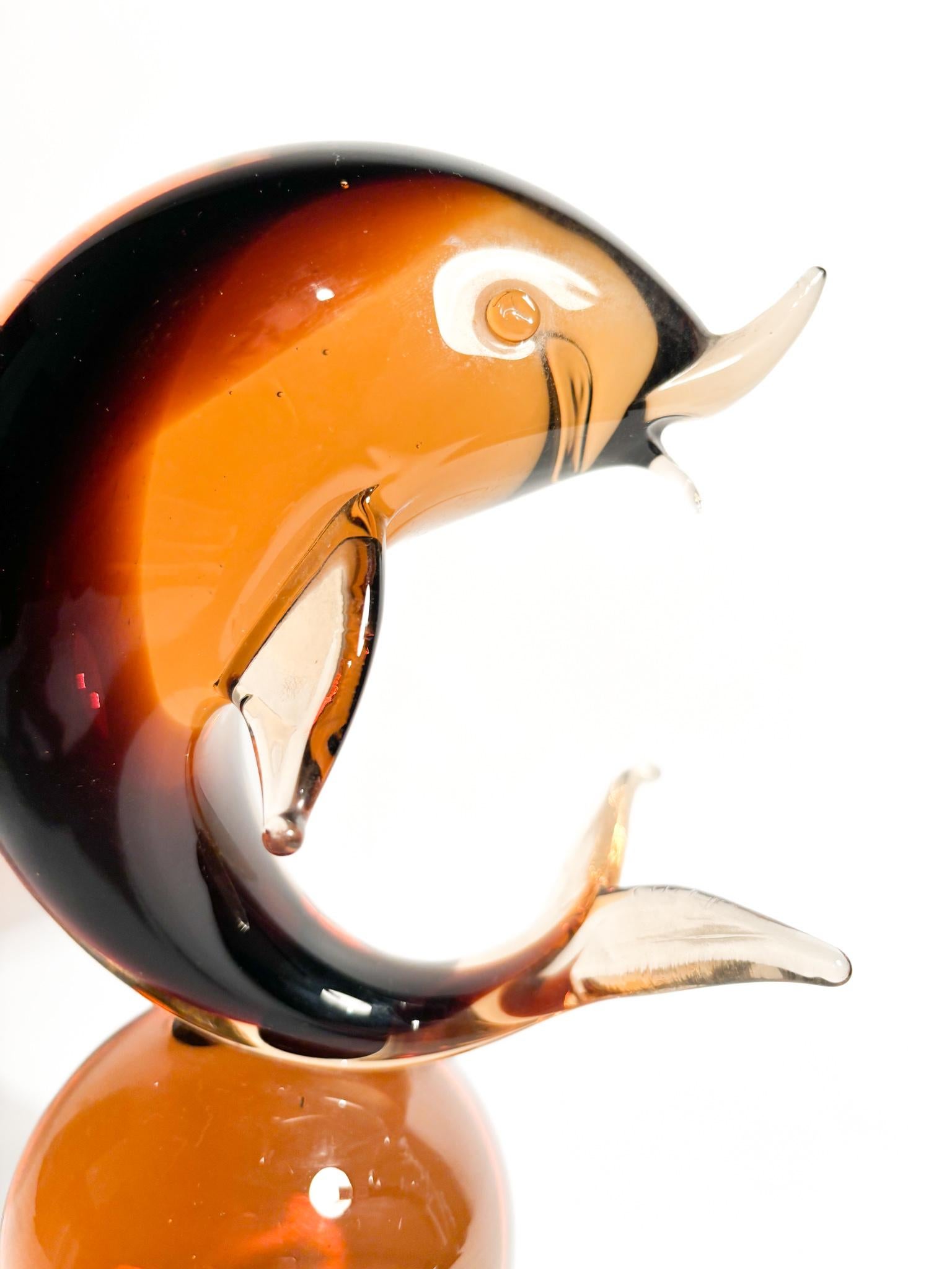 Art Deco Dolphin Sculpture in Orange Murano Glass Attributed to Seguso from the 1960s For Sale