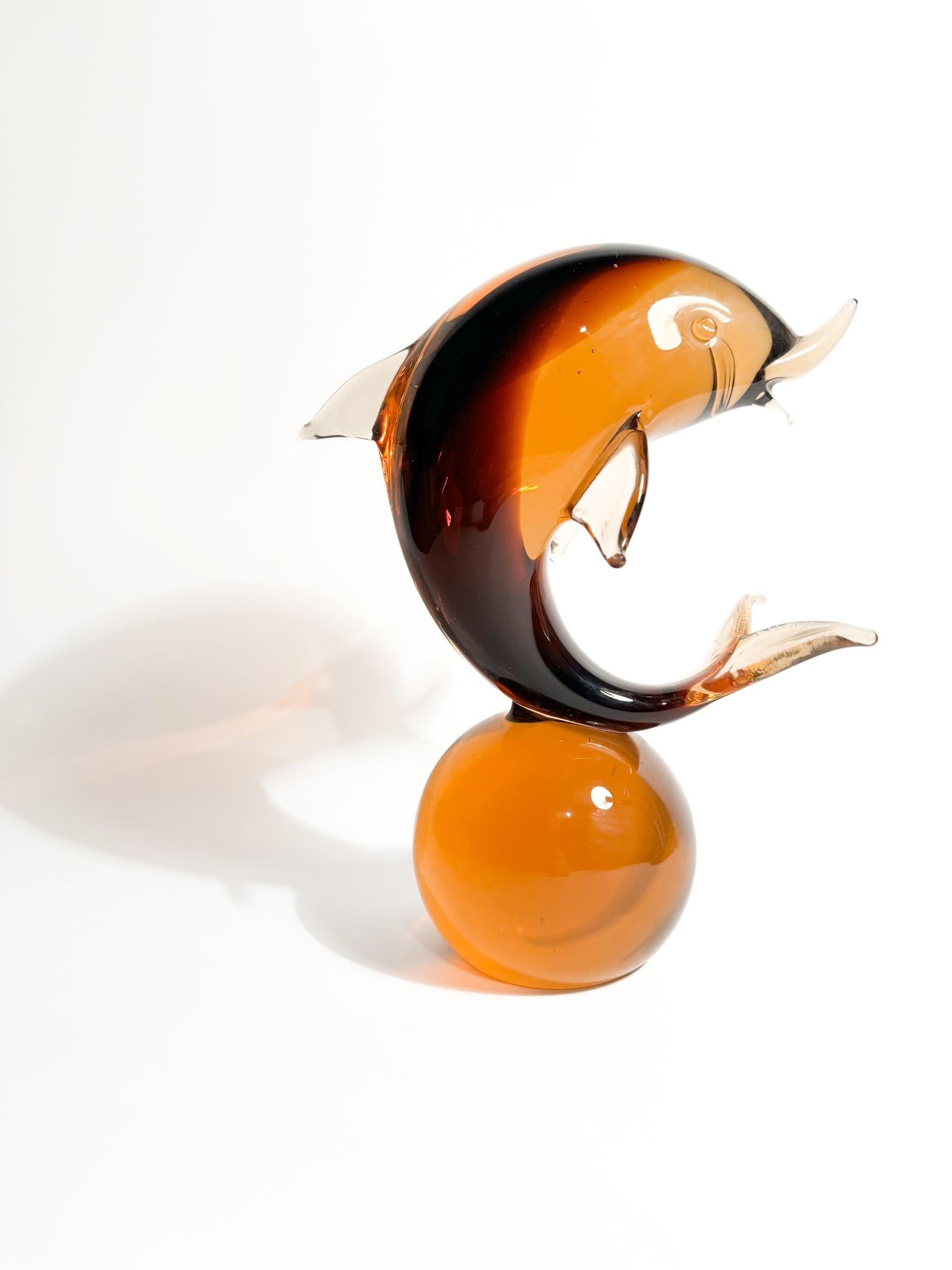 Italian Dolphin Sculpture in Orange Murano Glass Attributed to Seguso from the 1960s For Sale
